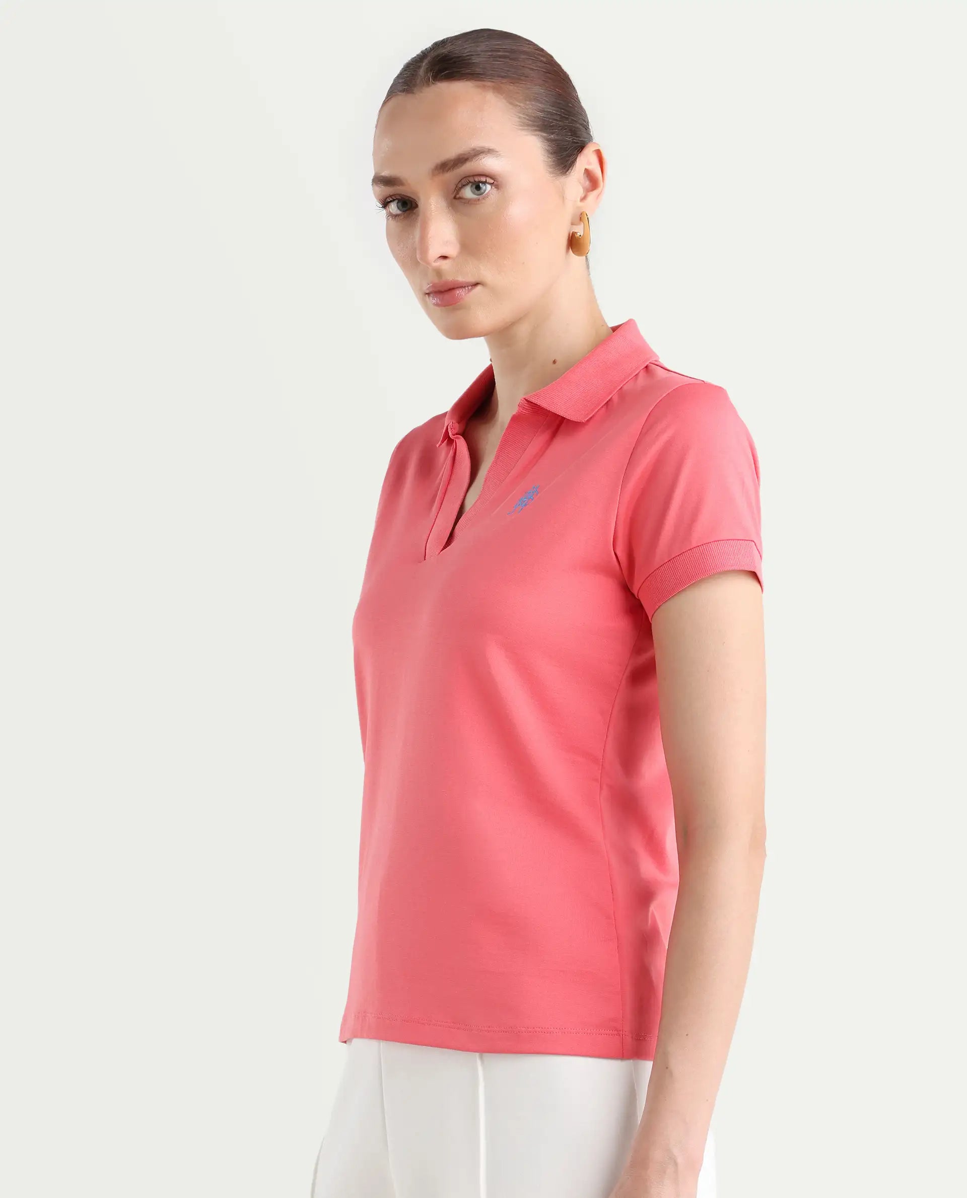 Rareism Women's Bern Pastel Orange Cotton Blend Polo Neck Plain Regular Fit Polo