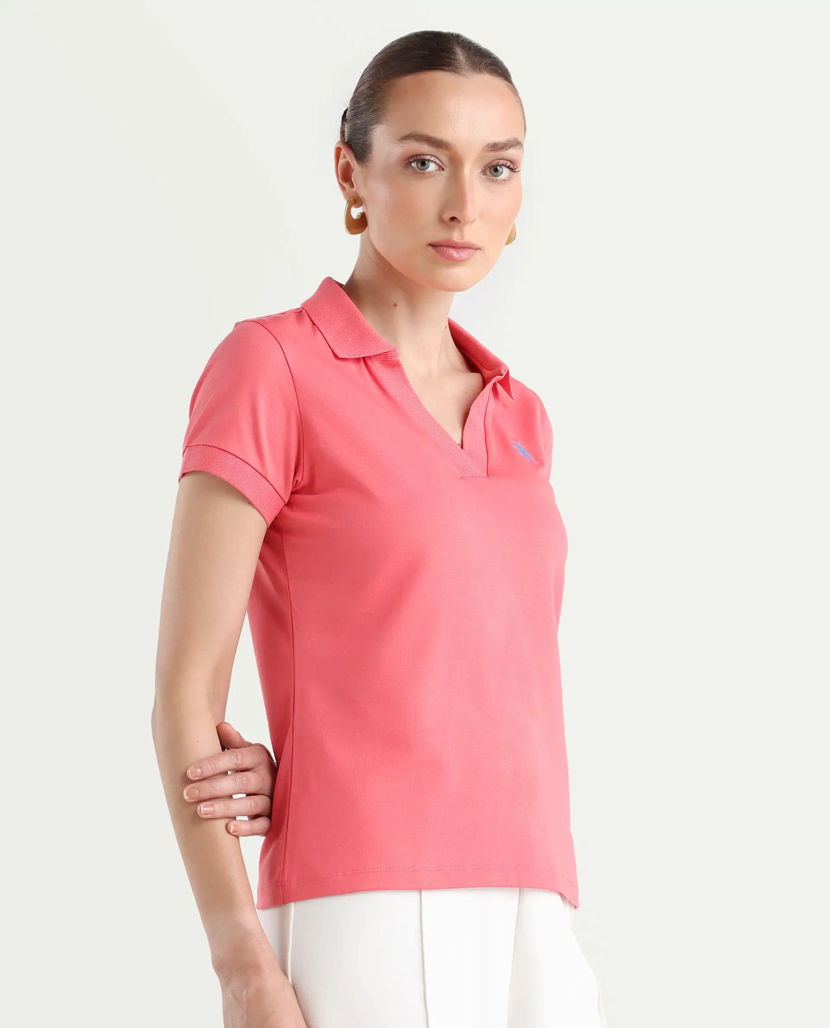 Rareism Women's Bern Pastel Orange Cotton Blend Polo Neck Plain Regular Fit Polo