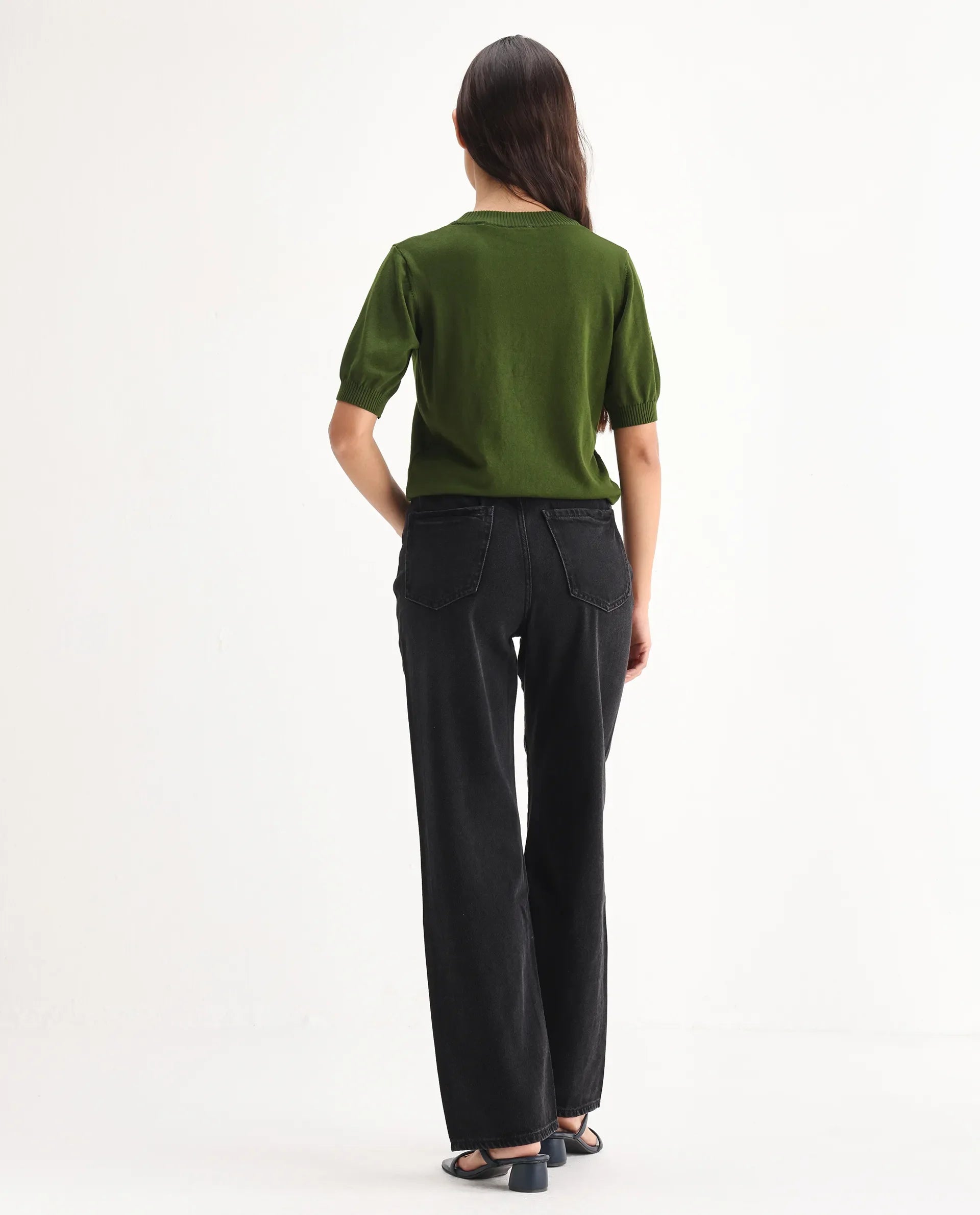 Rareism Women's Beuro Black Cotton Blend Plain Ankle Length Straight Fit Jeans