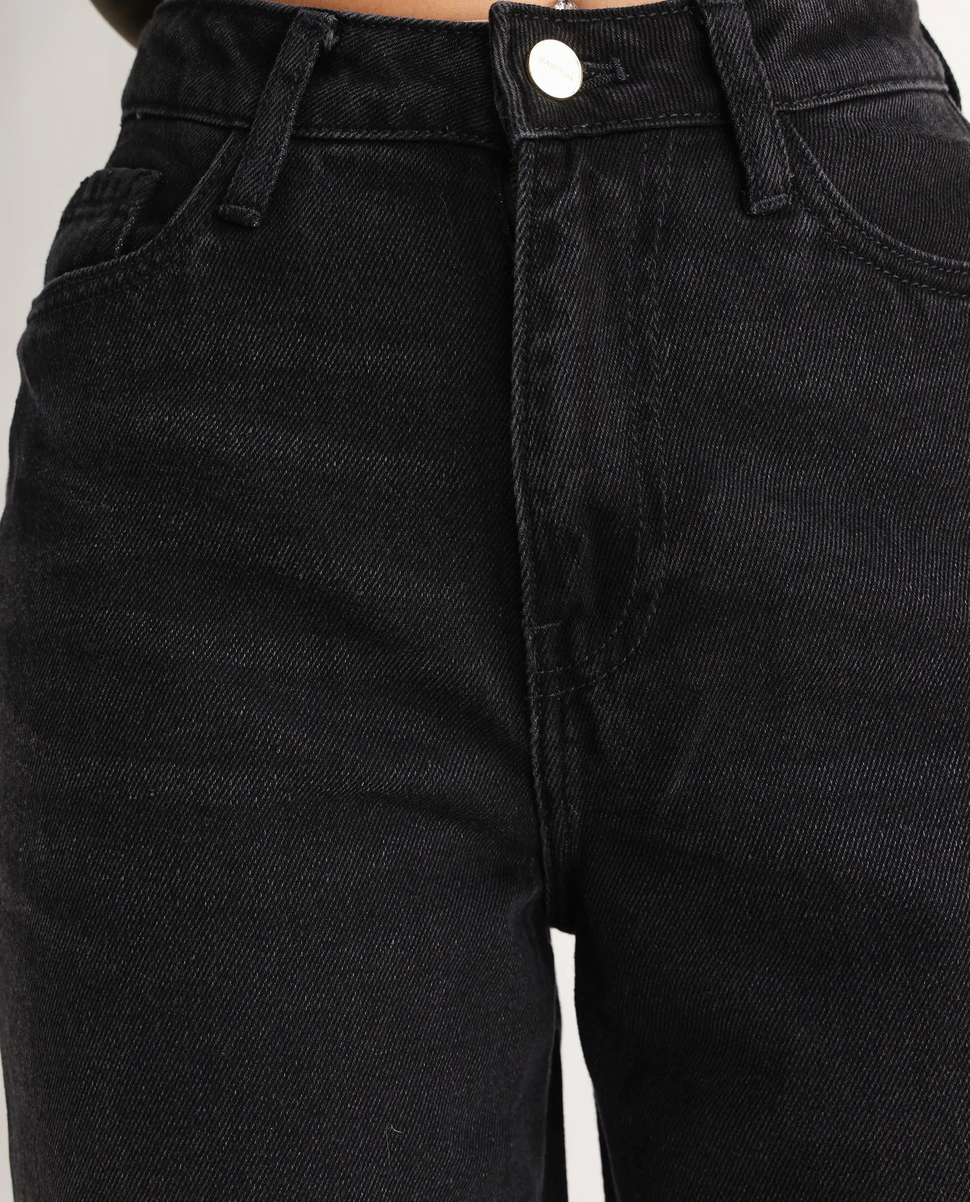 Rareism Women's Beuro Black Cotton Blend Plain Ankle Length Straight Fit Jeans