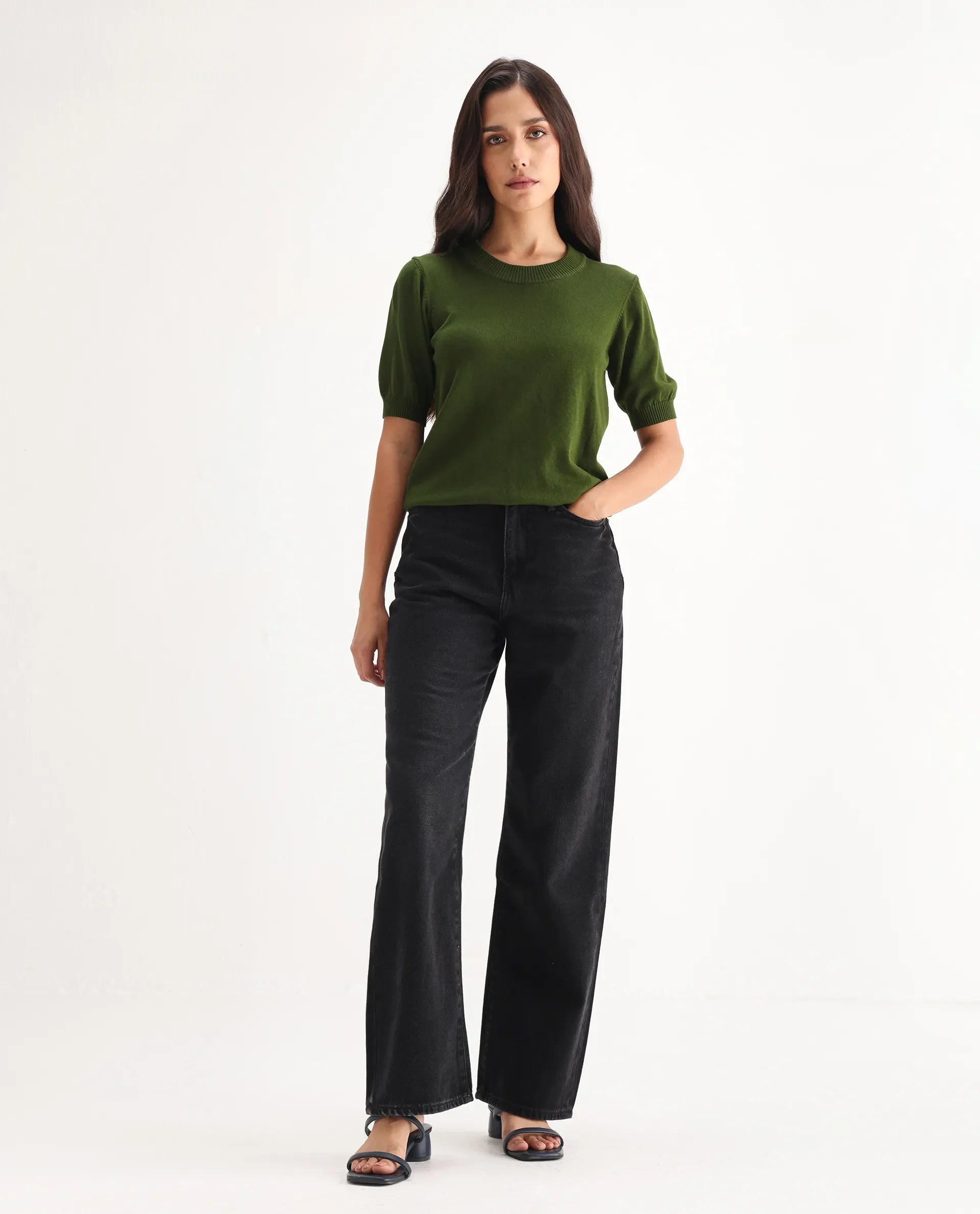 Rareism Women's Beuro Black Cotton Blend Plain Ankle Length Straight Fit Jeans