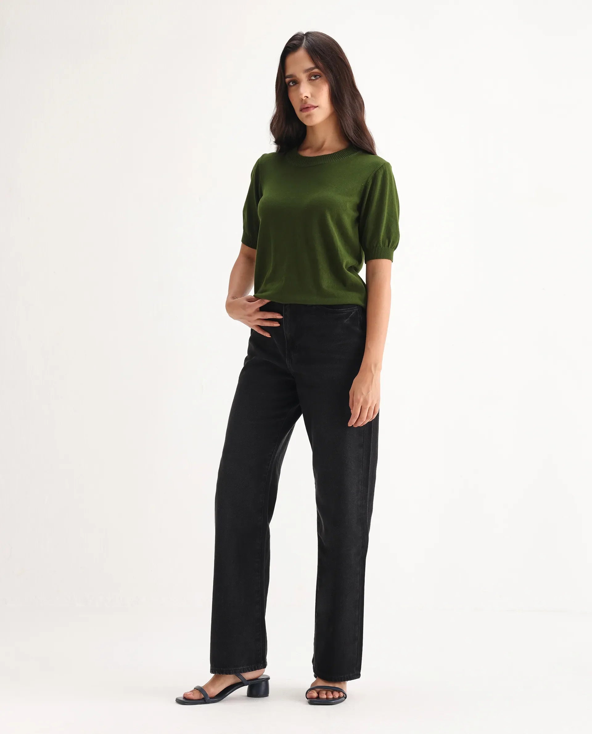 Rareism Women's Beuro Black Cotton Blend Plain Ankle Length Straight Fit Jeans