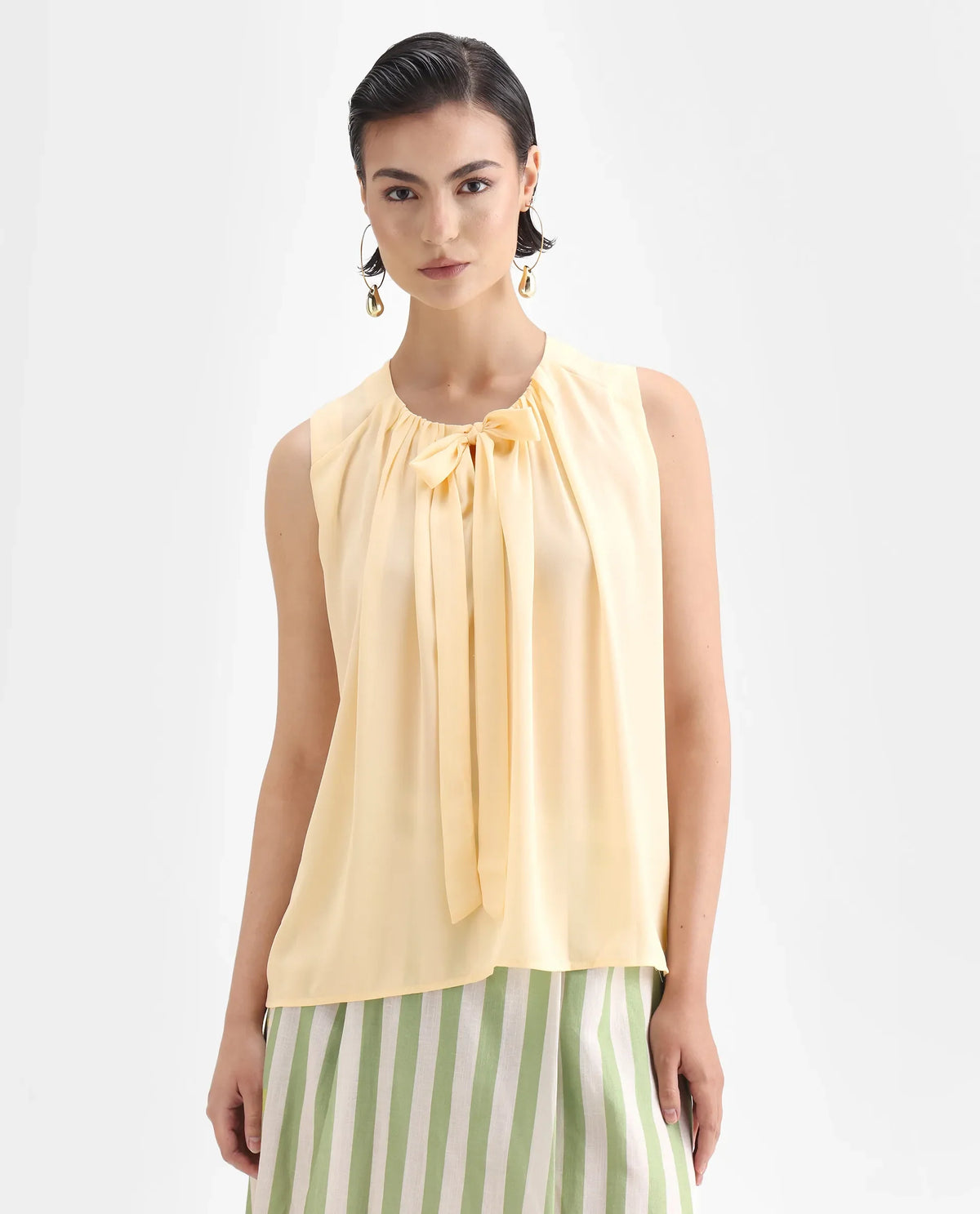 Rareism Women's Beverly Beige Polyester Tie-Up Neck Plain Sleeveless Relaxed Fit Top