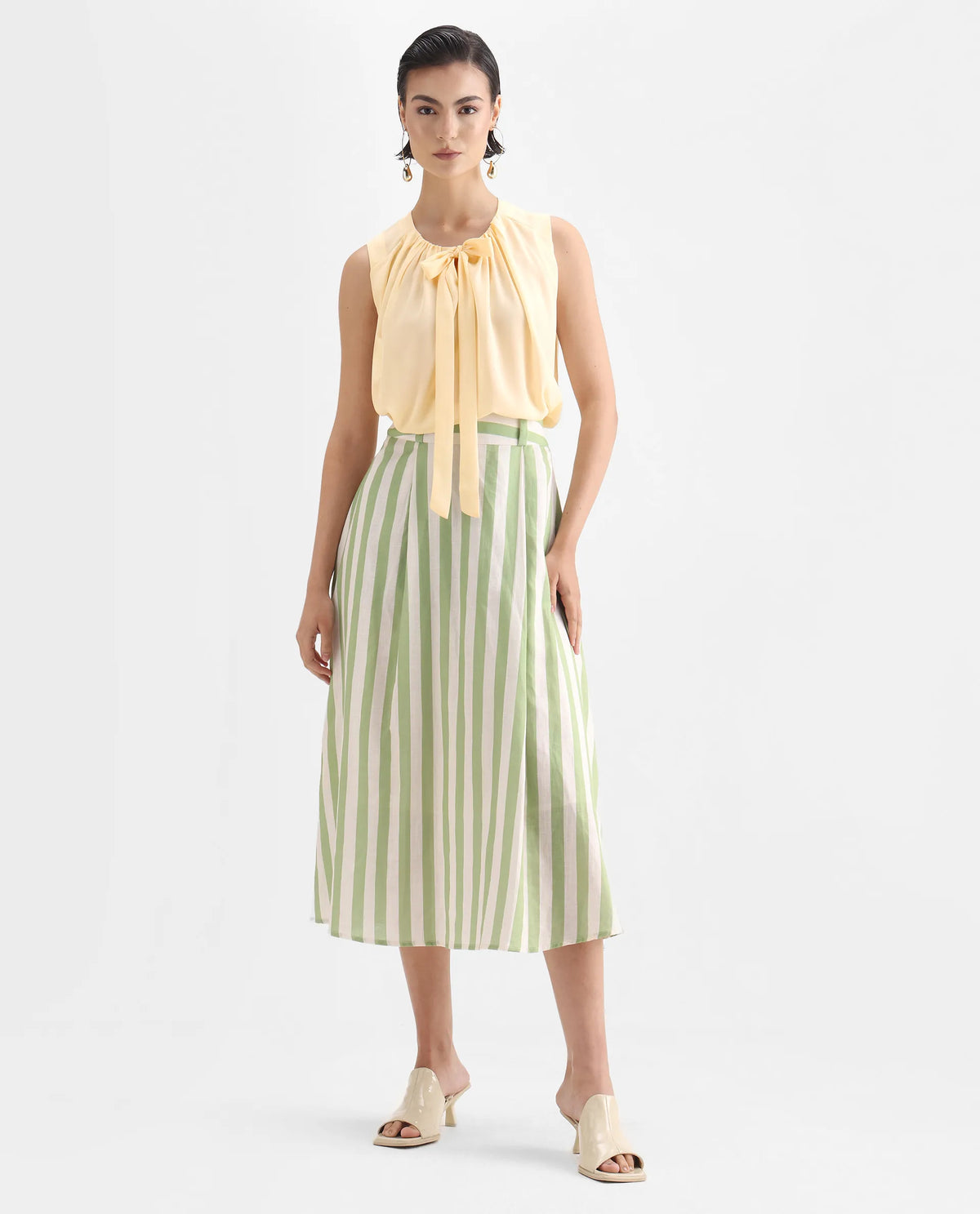 Rareism Women's Beverly Beige Polyester Tie-Up Neck Plain Sleeveless Relaxed Fit Top