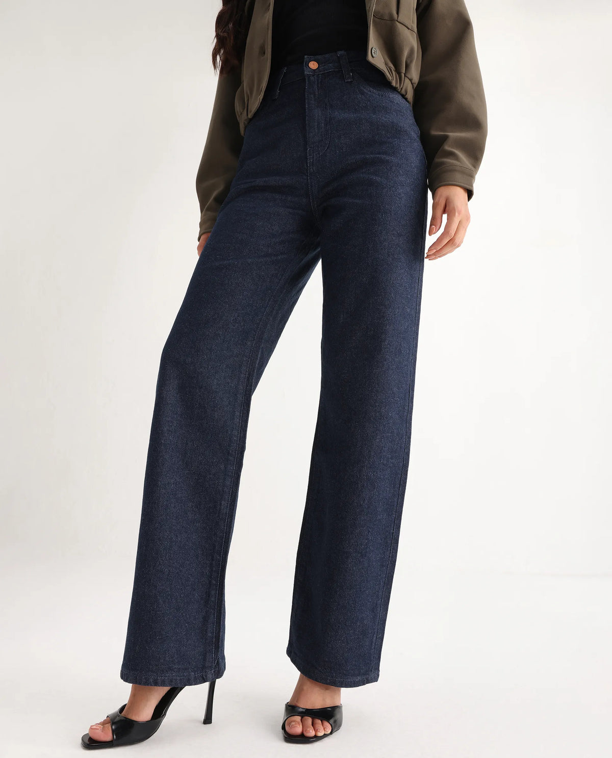 Rareism Women's Bewak Dark Blue Cotton Blend Plain Ankle Length Smart Straight Fit Jeans
