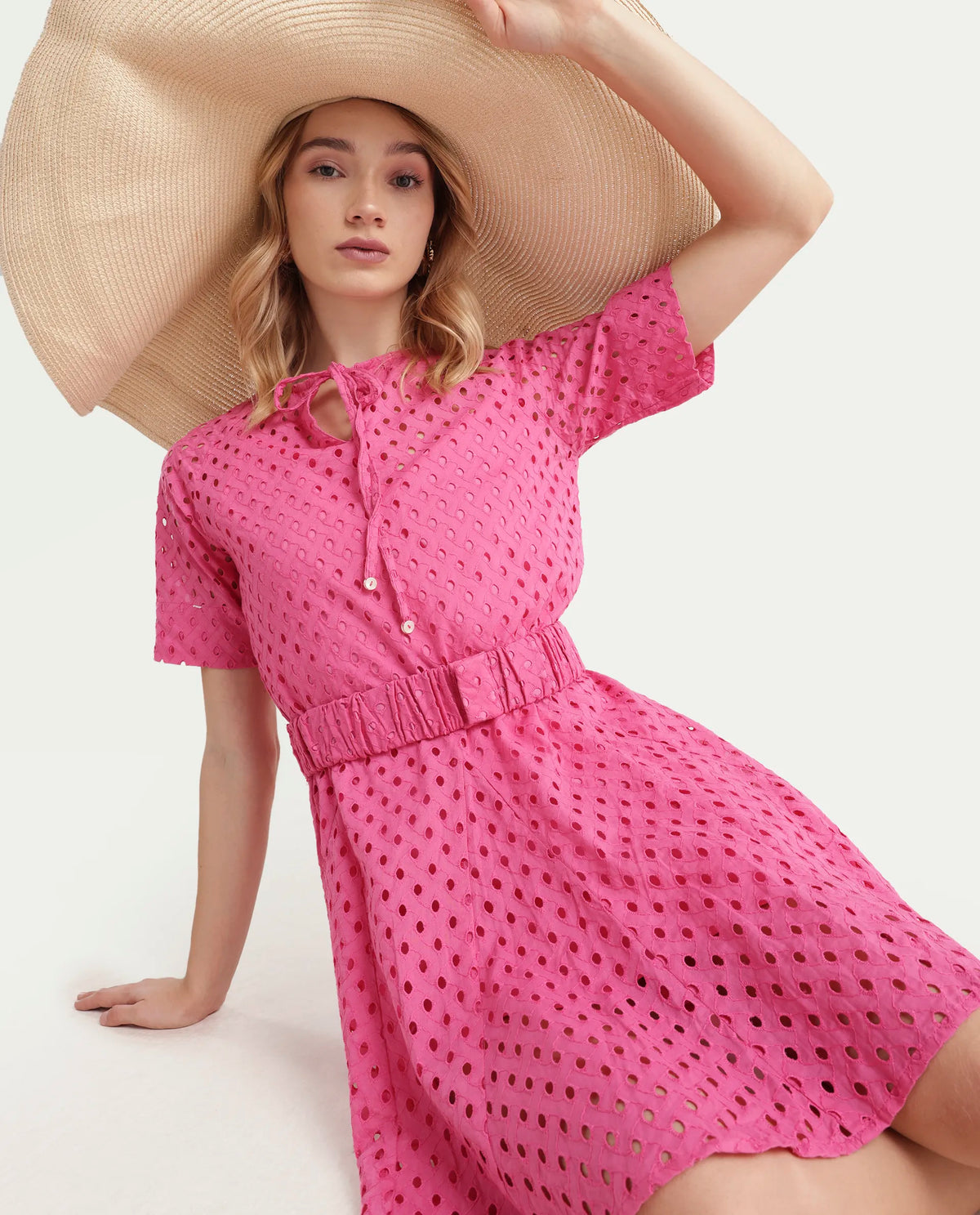 Rareism Women's Bex Pink Cotton Tie-Up Neck Schiffli Knee Length Regular Fit Dress