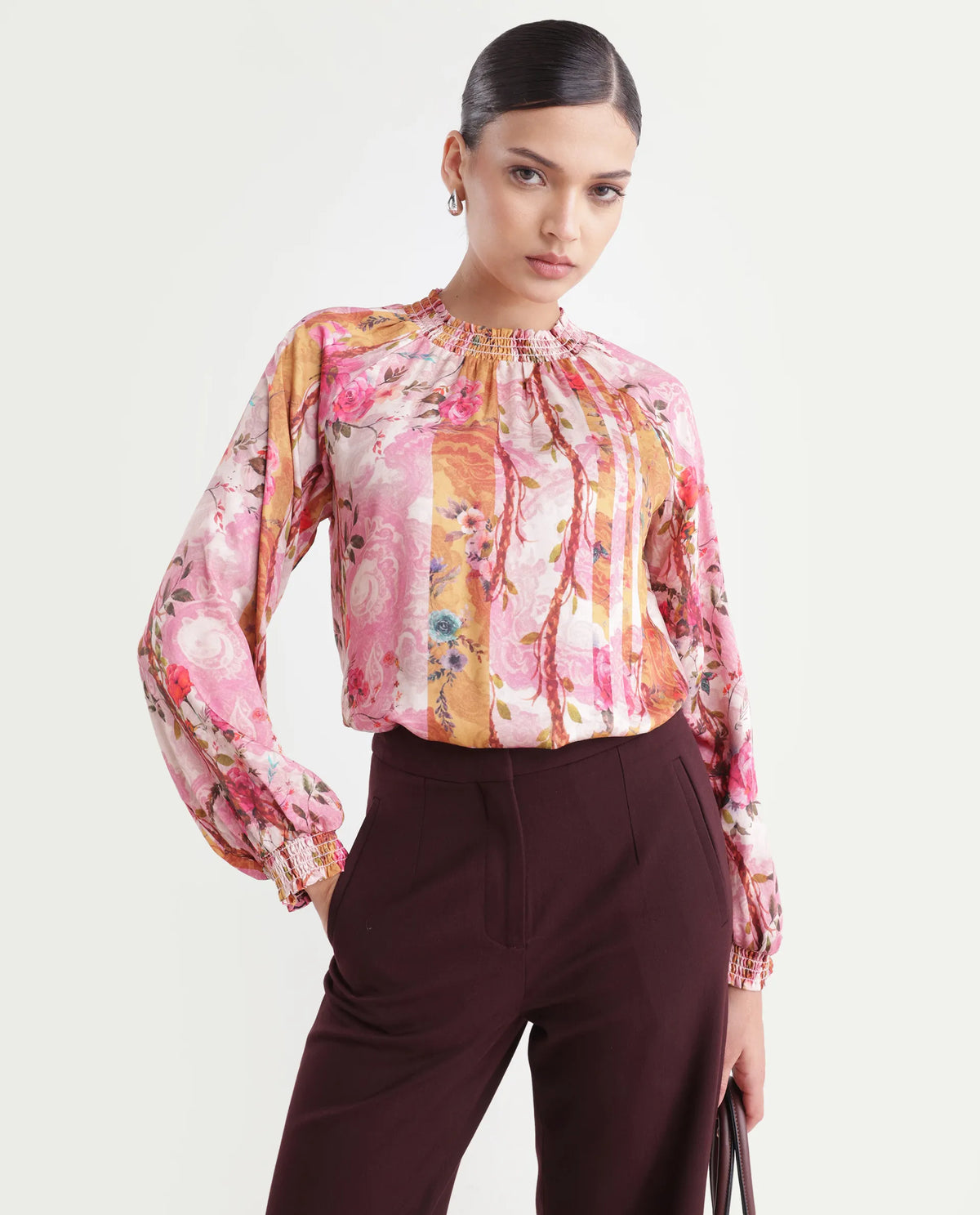 Rareism Women's Bexx Multi Cotton Blend High Neck Floral Print Bishop Sleeve Regular Fit Top