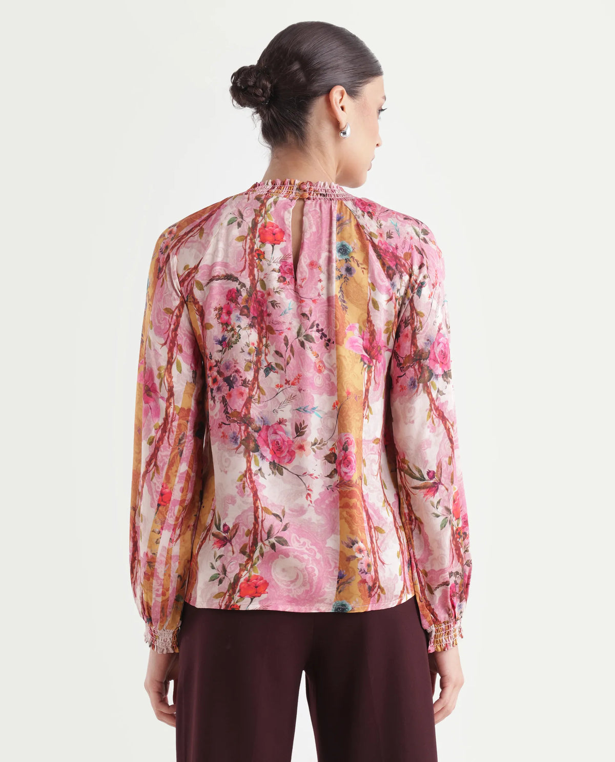 Rareism Women's Bexx Multi Cotton Blend High Neck Floral Print Bishop Sleeve Regular Fit Top