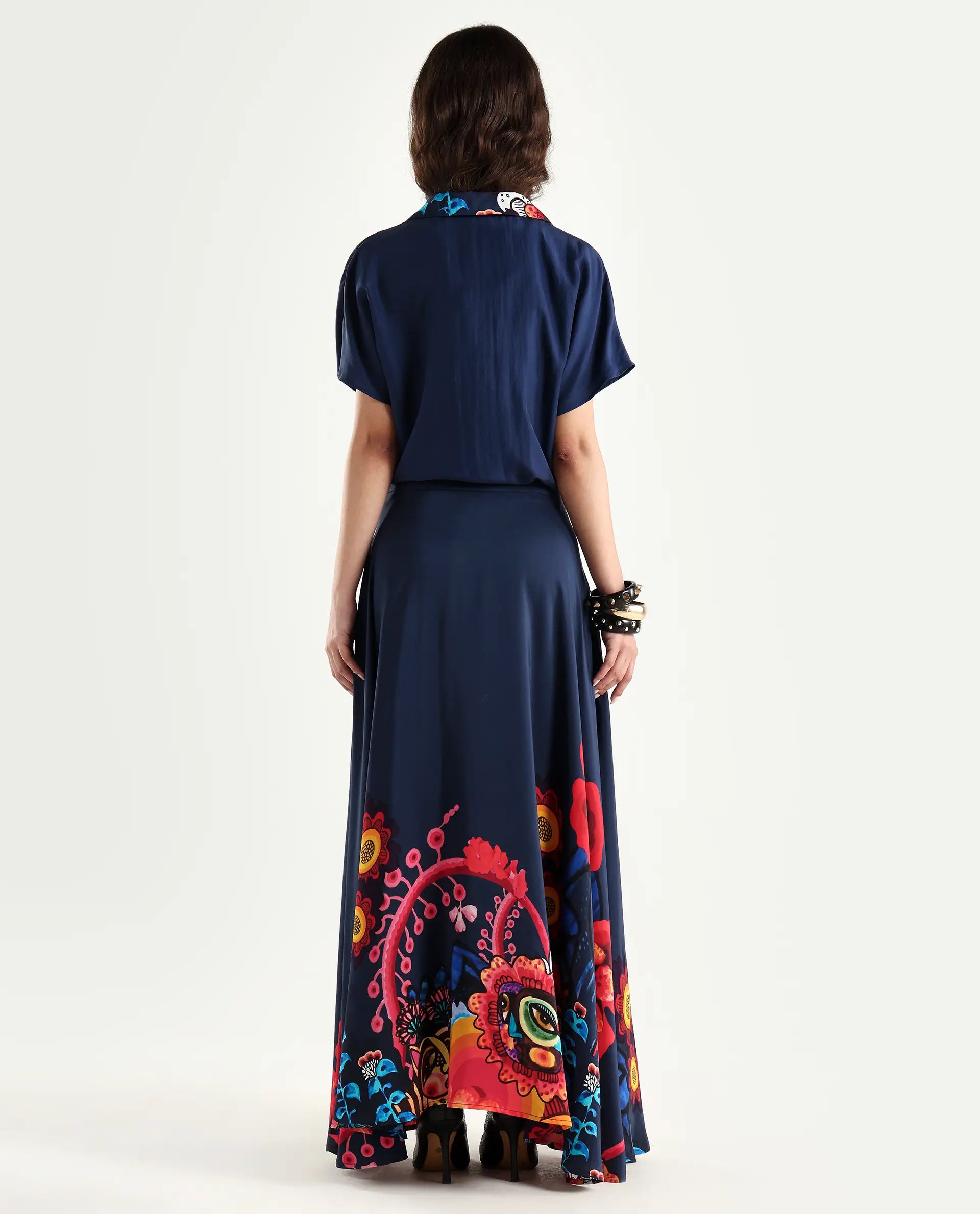 Rareism Women's Bezfa-B Navy Silk Flared Abstract Print Skirt