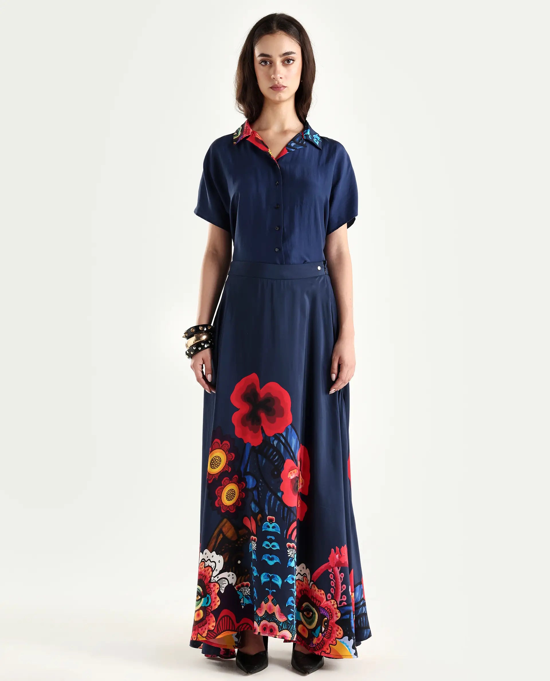 Rareism Women's Bezfa-B Navy Silk Flared Abstract Print Skirt