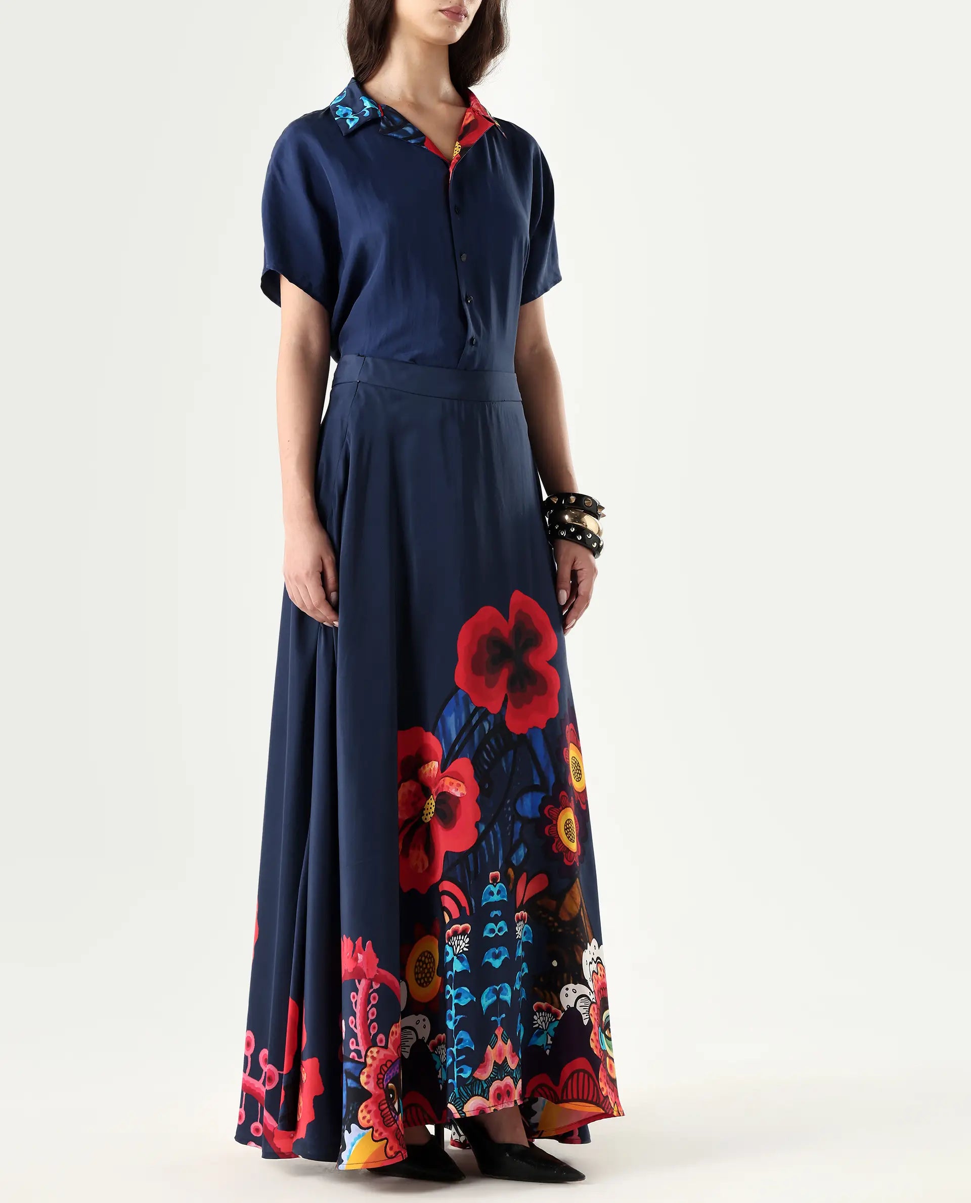 Rareism Women's Bezfa-B Navy Silk Flared Abstract Print Skirt