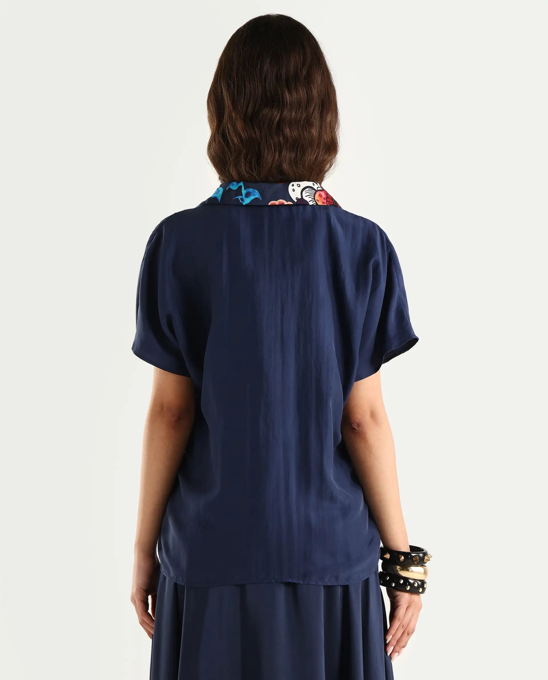 Rareism Women's Bezfa-T Navy Silk Half Sleeve Relaxed Fit Plain Shirt