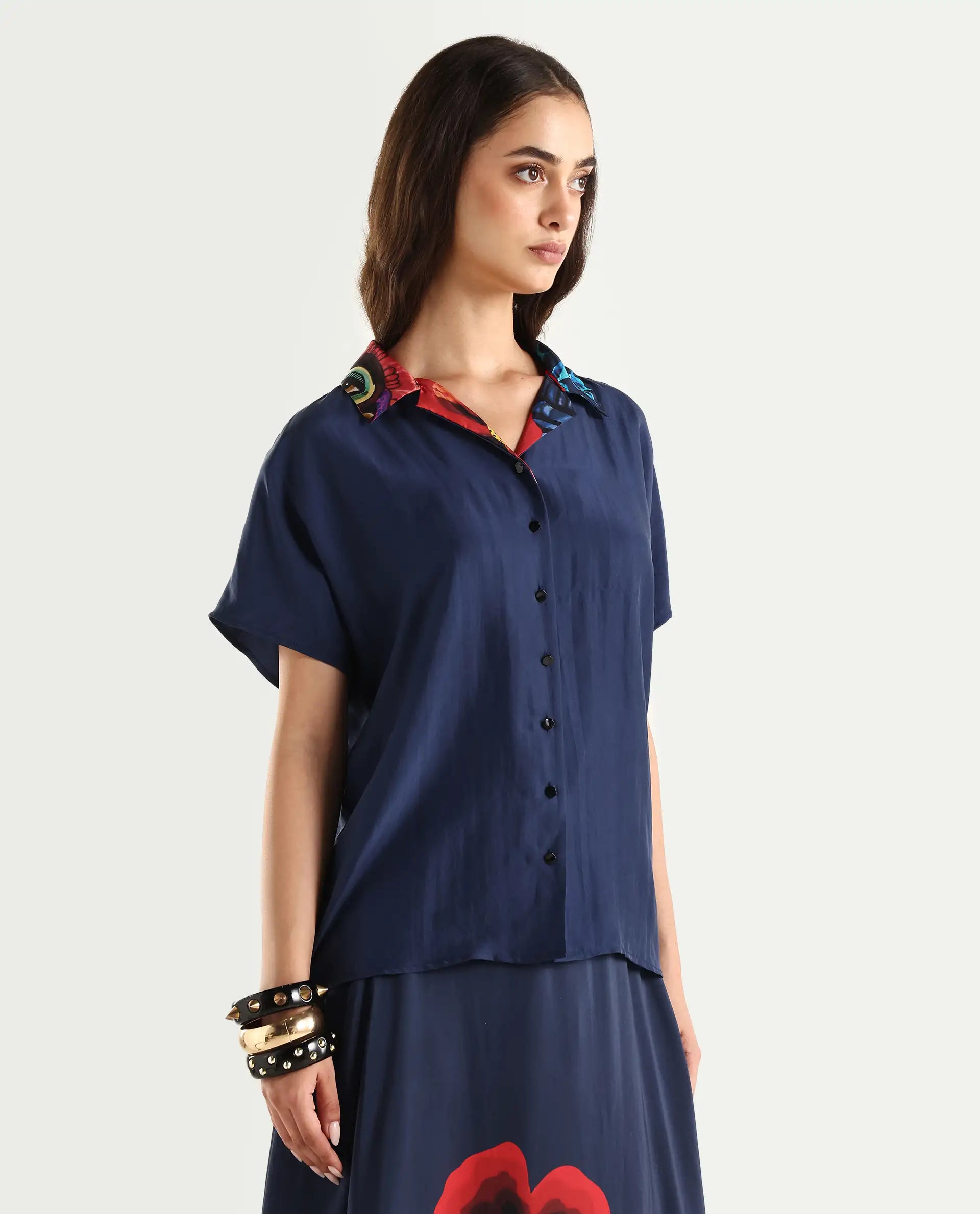 Rareism Women's Bezfa-T Navy Silk Half Sleeve Relaxed Fit Plain Shirt