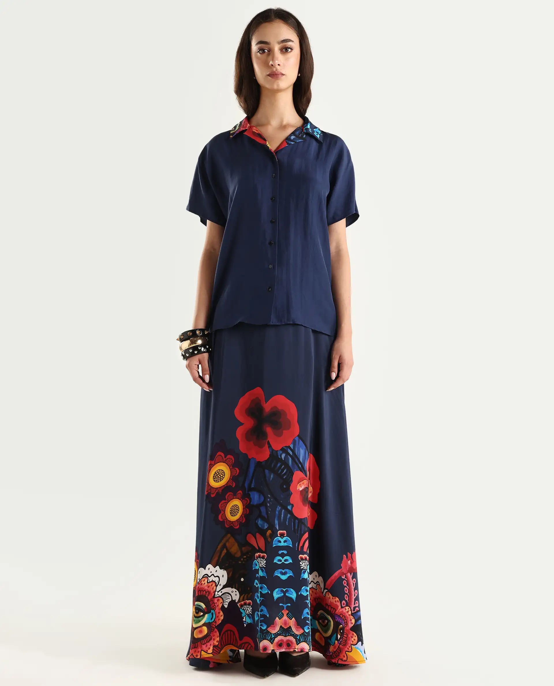 Rareism Women's Bezfa-T Navy Silk Half Sleeve Relaxed Fit Plain Shirt