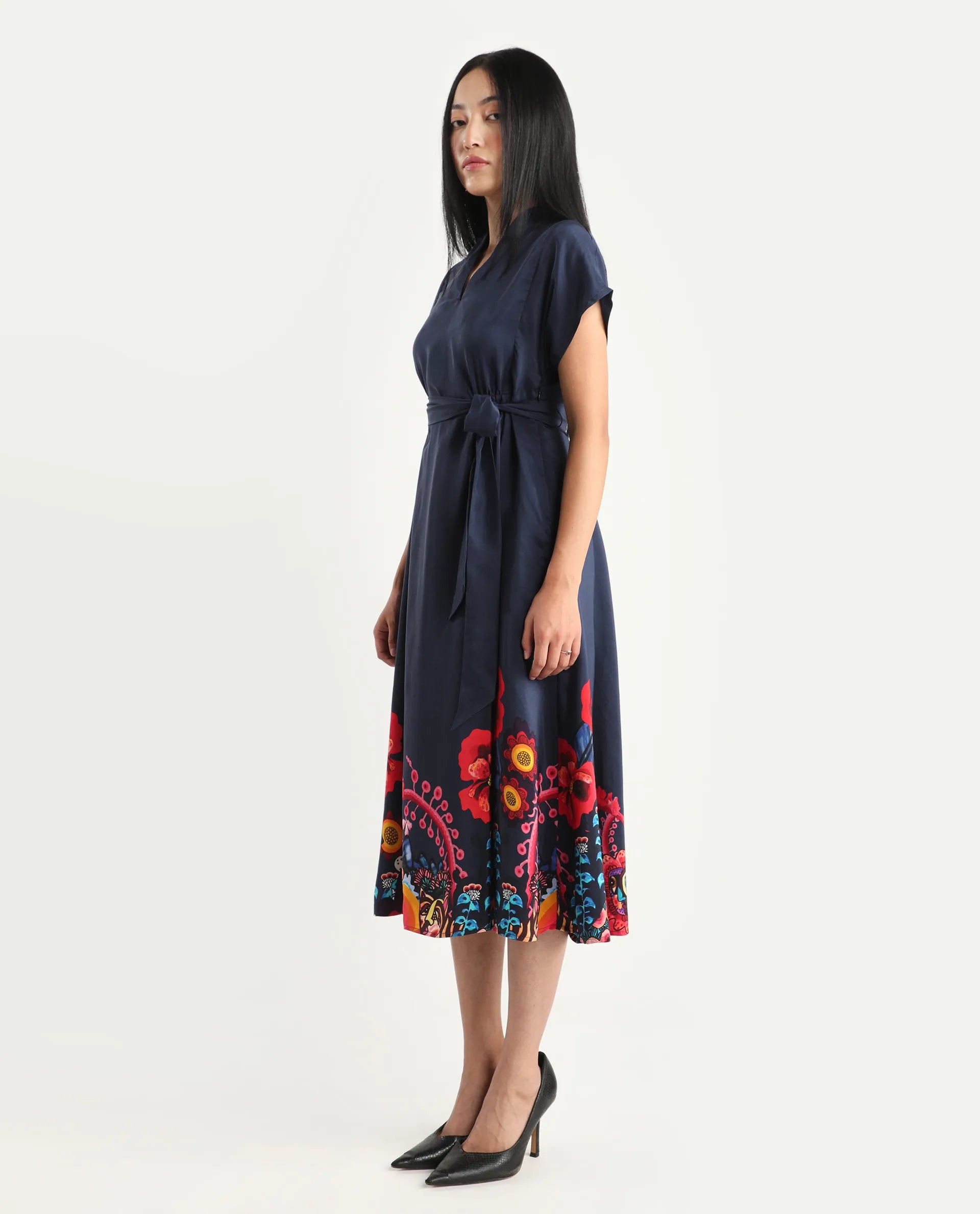 Rareism Women's Beziha Navy Silk Half Sleeve Flared Abstract Print Dress