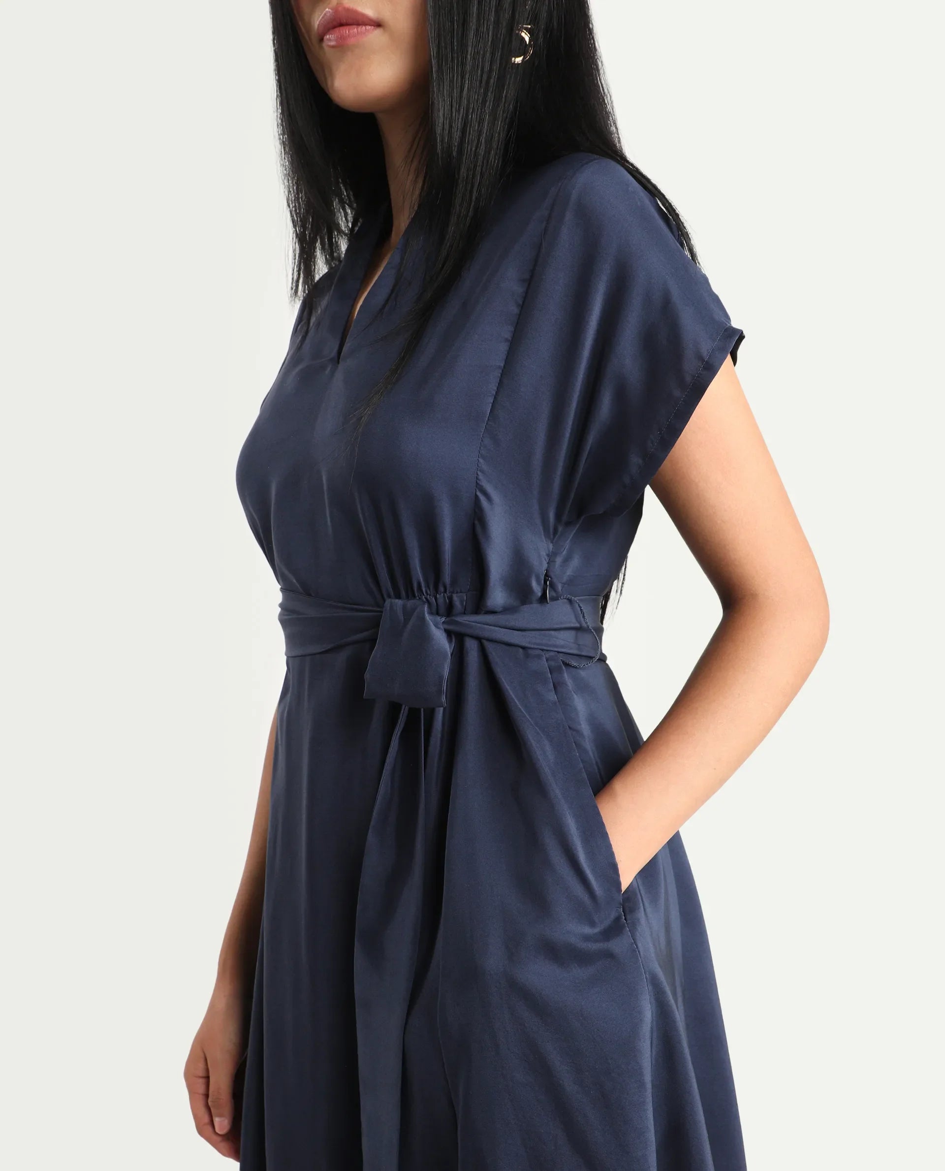 Rareism Women's Beziha Navy Silk Half Sleeve Flared Abstract Print Dress