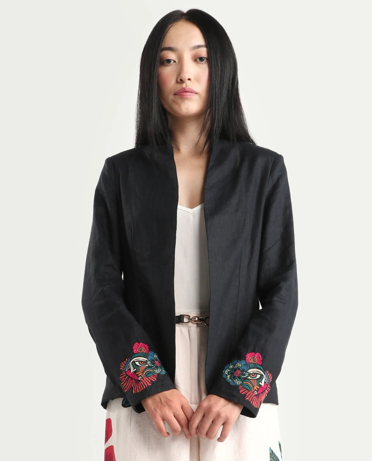 Rareism Women's Bezko Black 100% Linen Full Sleeve Regular Fit Embroidered Shrug
