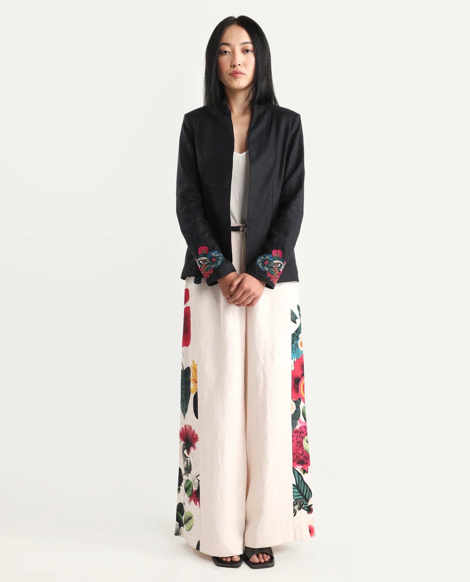 Rareism Women's Bezko Black 100% Linen Full Sleeve Regular Fit Embroidered Shrug