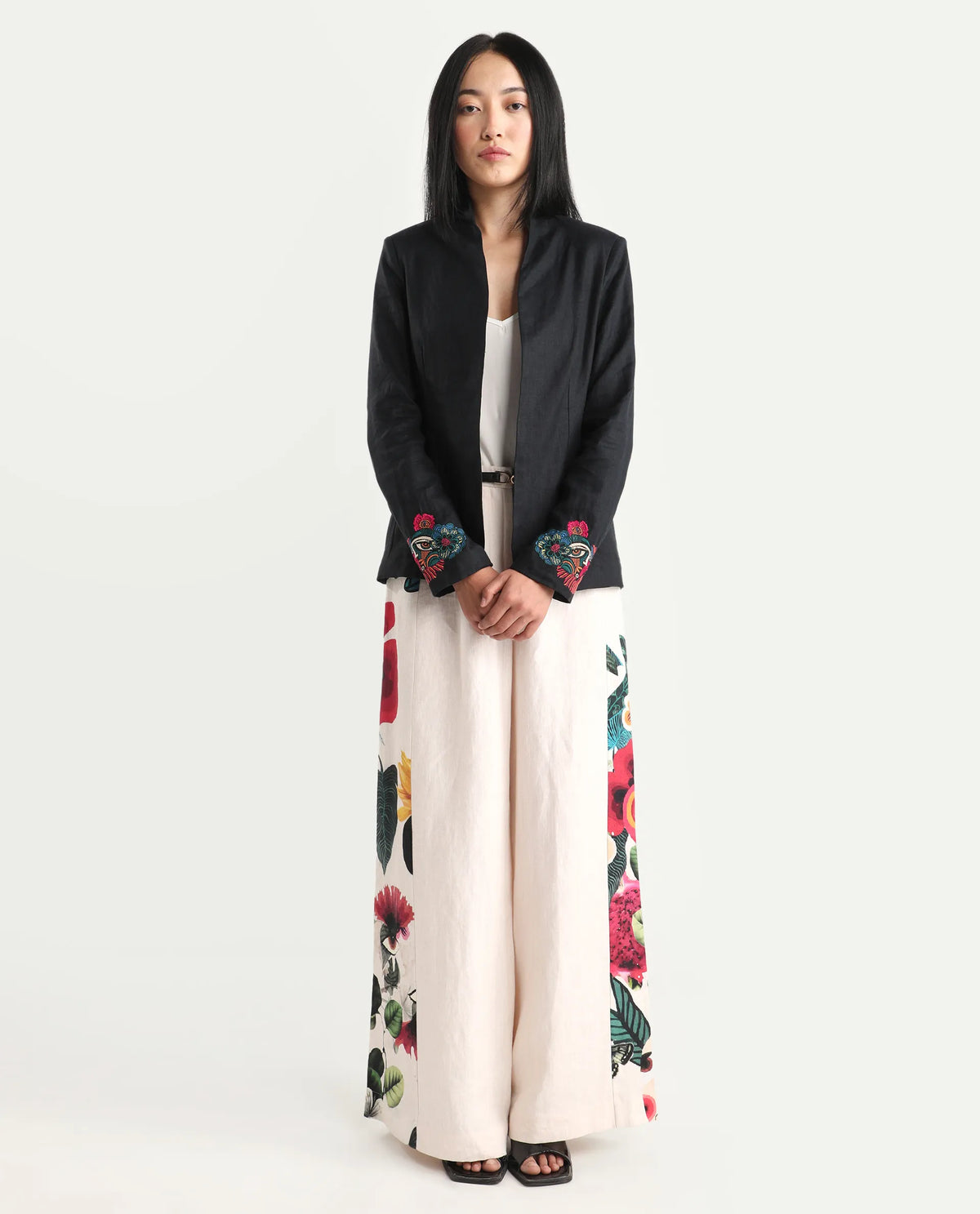Rareism Women's Bezko Black 100% Linen Full Sleeve Regular Fit Embroidered Shrug