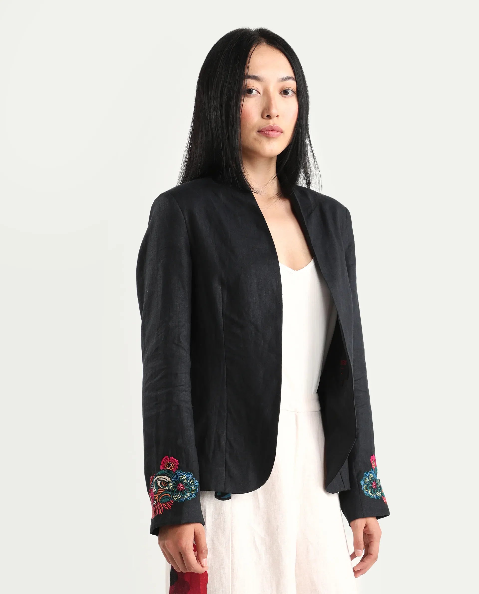 Rareism Women's Bezko Black 100% Linen Full Sleeve Regular Fit Embroidered Shrug