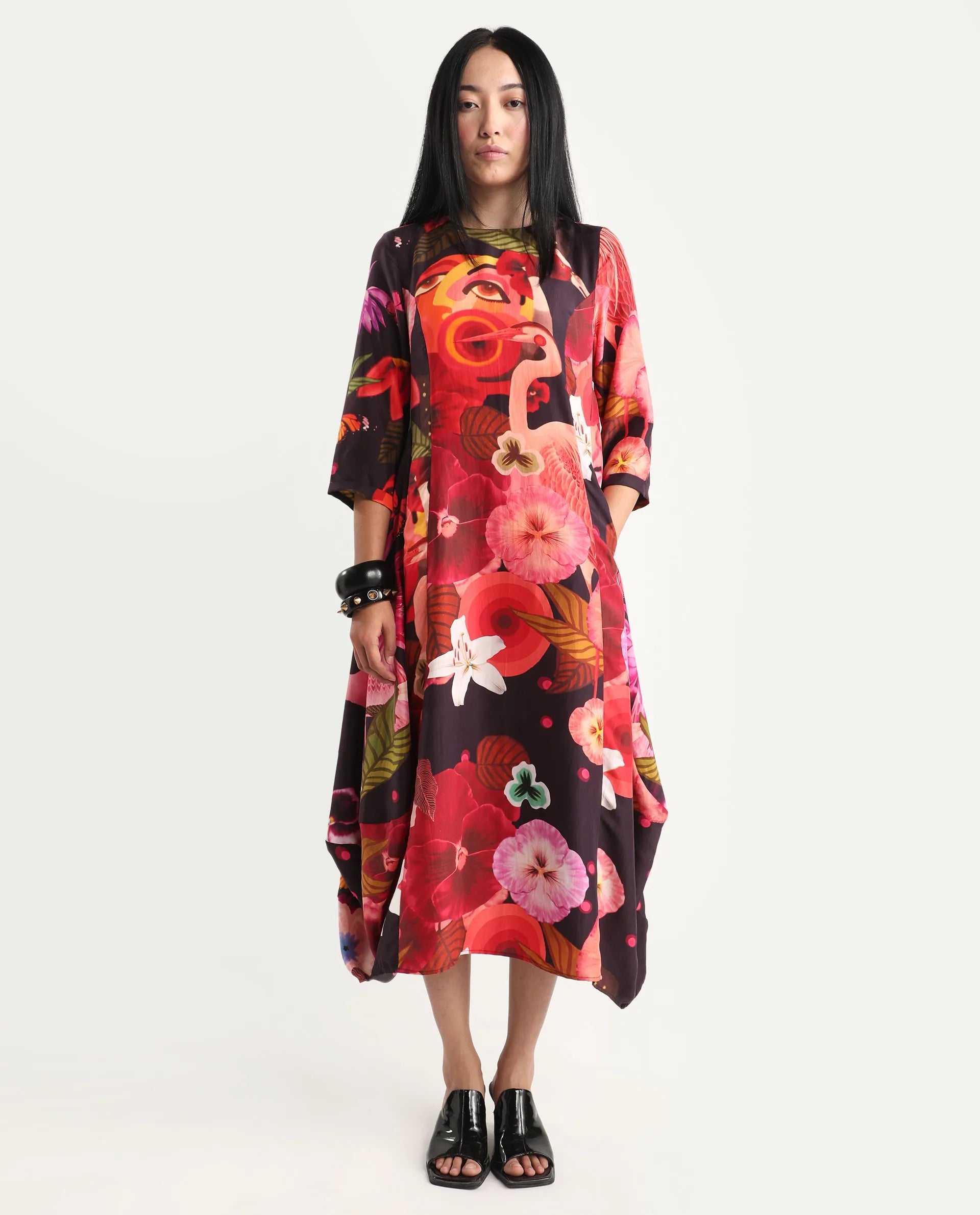 Rareism Women's Bezlin Dark Purple Silk Half Sleeve Relaxed Fit Abstract Print Dress