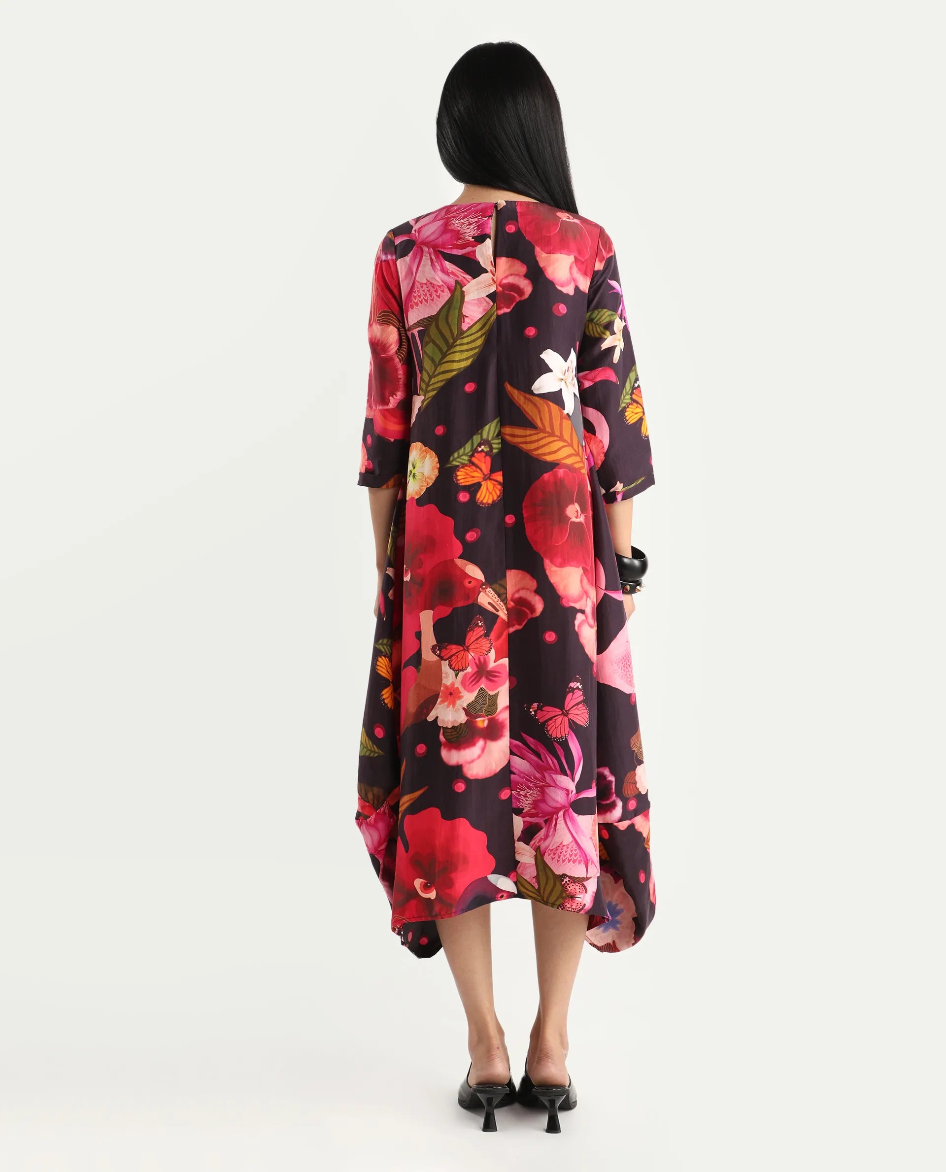 Rareism Women's Bezlin Dark Purple Silk Half Sleeve Relaxed Fit Abstract Print Dress