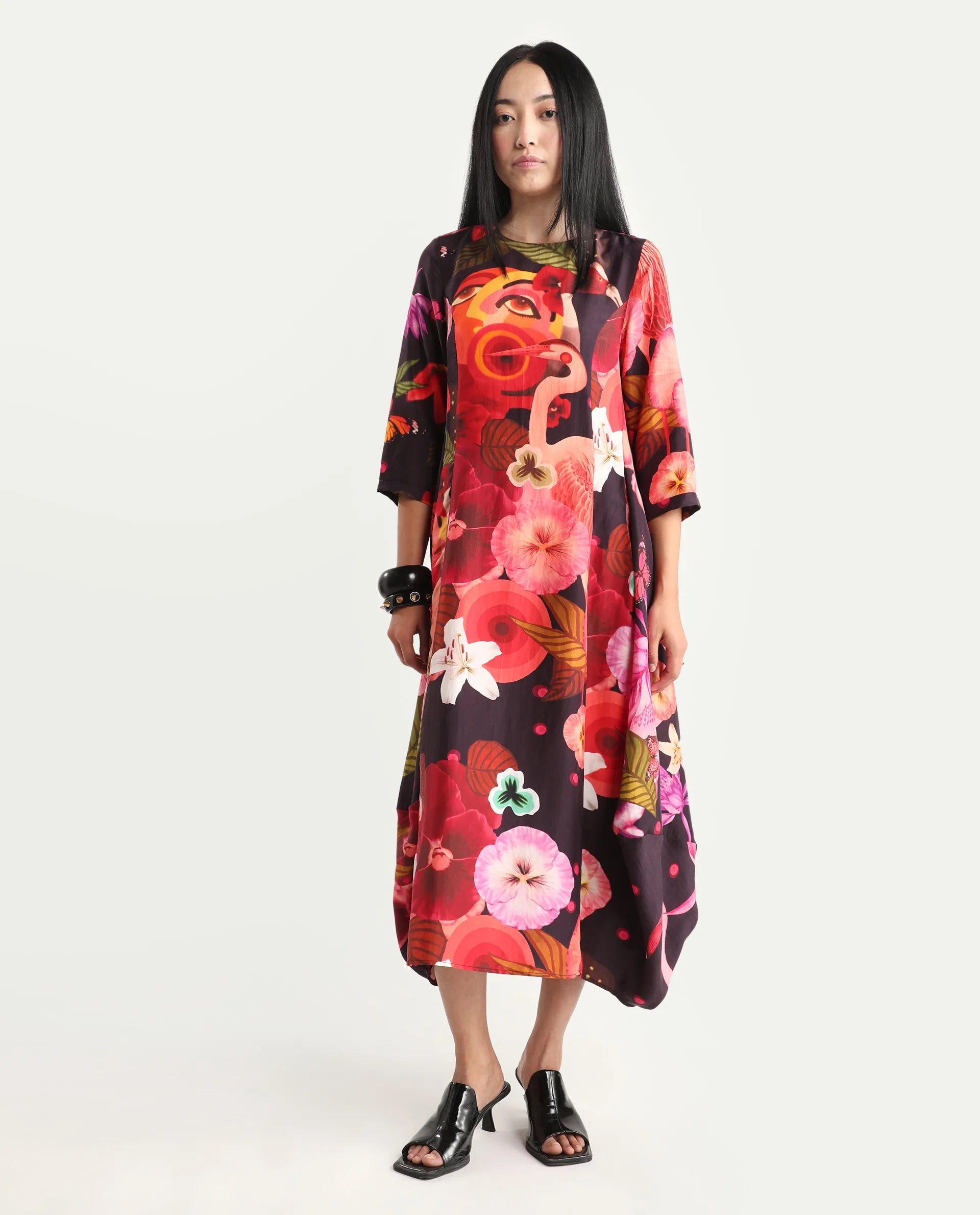 Rareism Women's Bezlin Dark Purple Silk Half Sleeve Relaxed Fit Abstract Print Dress