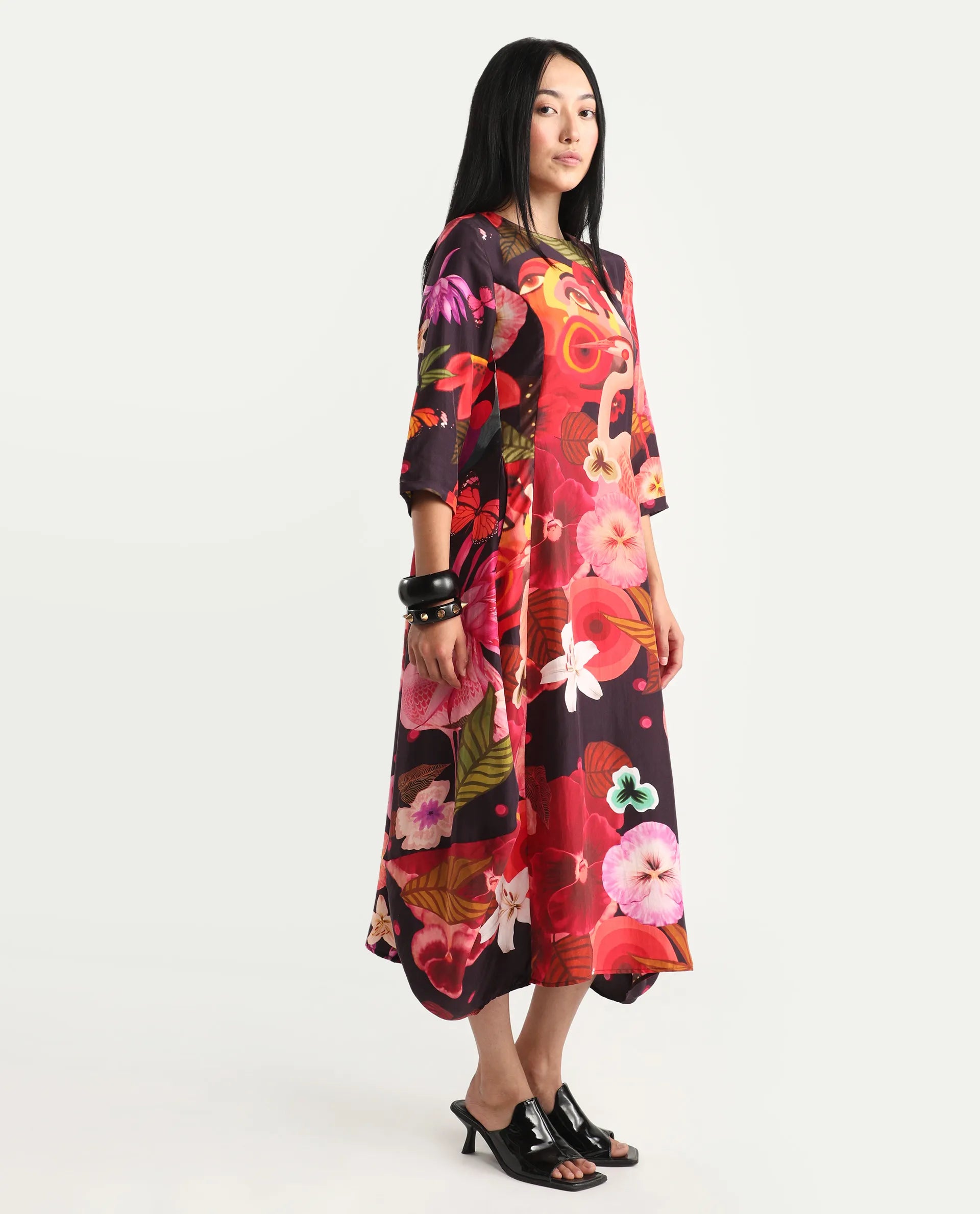 Rareism Women's Bezlin Dark Purple Silk Half Sleeve Relaxed Fit Abstract Print Dress