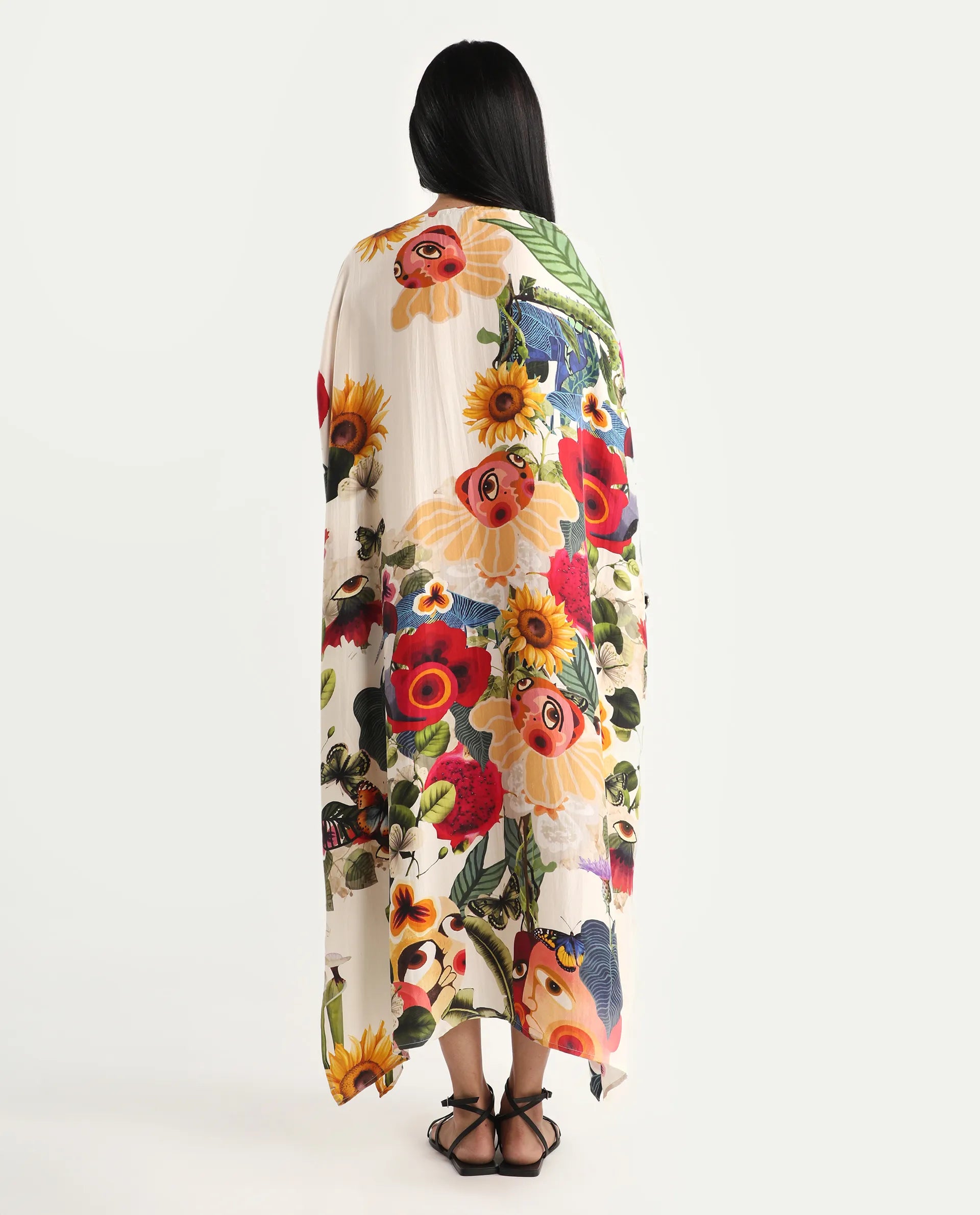 Rareism Women's Bezrea Off White Silk 3/4Th Sleeve Kaftan Abstract Print Dress