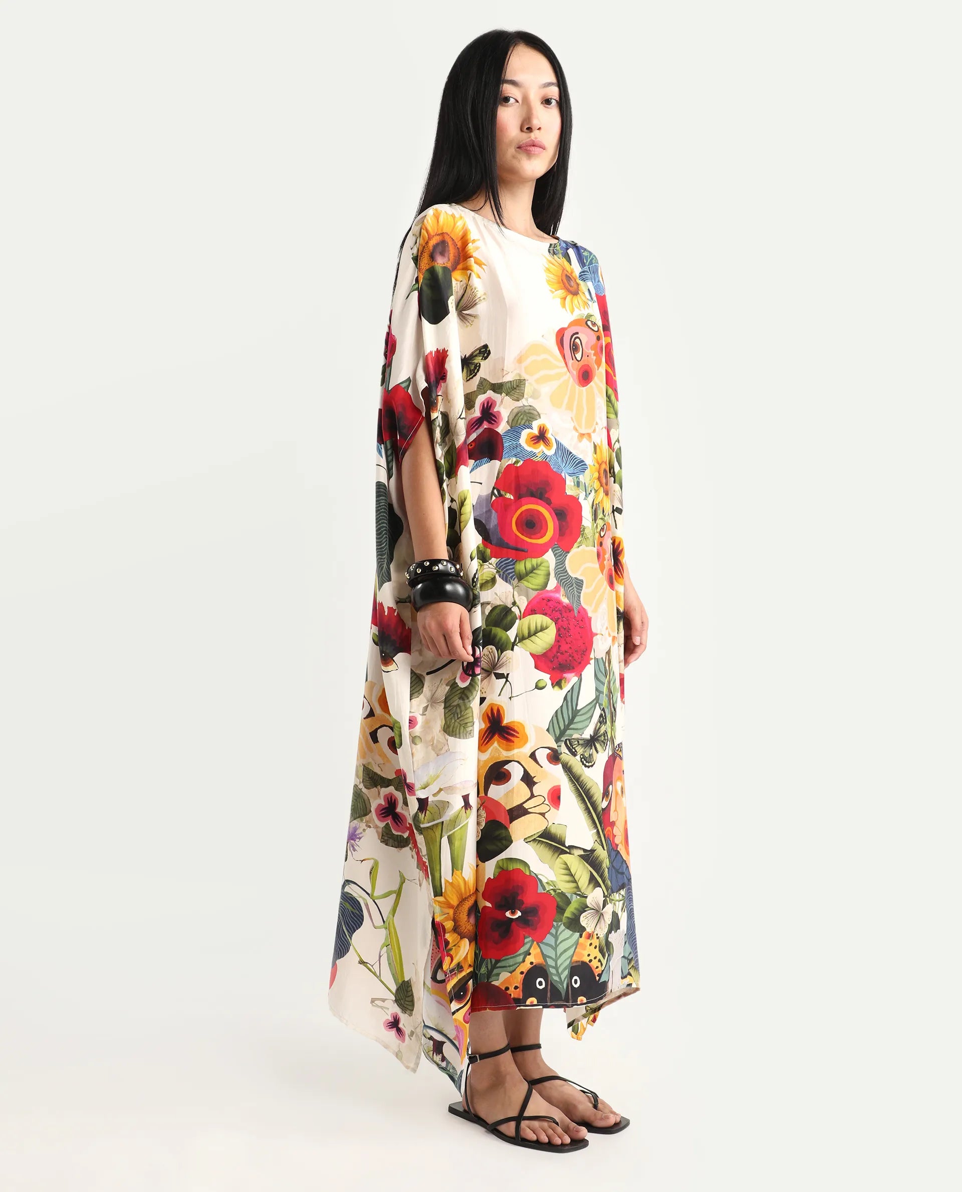 Rareism Women's Bezrea Off White Silk 3/4Th Sleeve Kaftan Abstract Print Dress