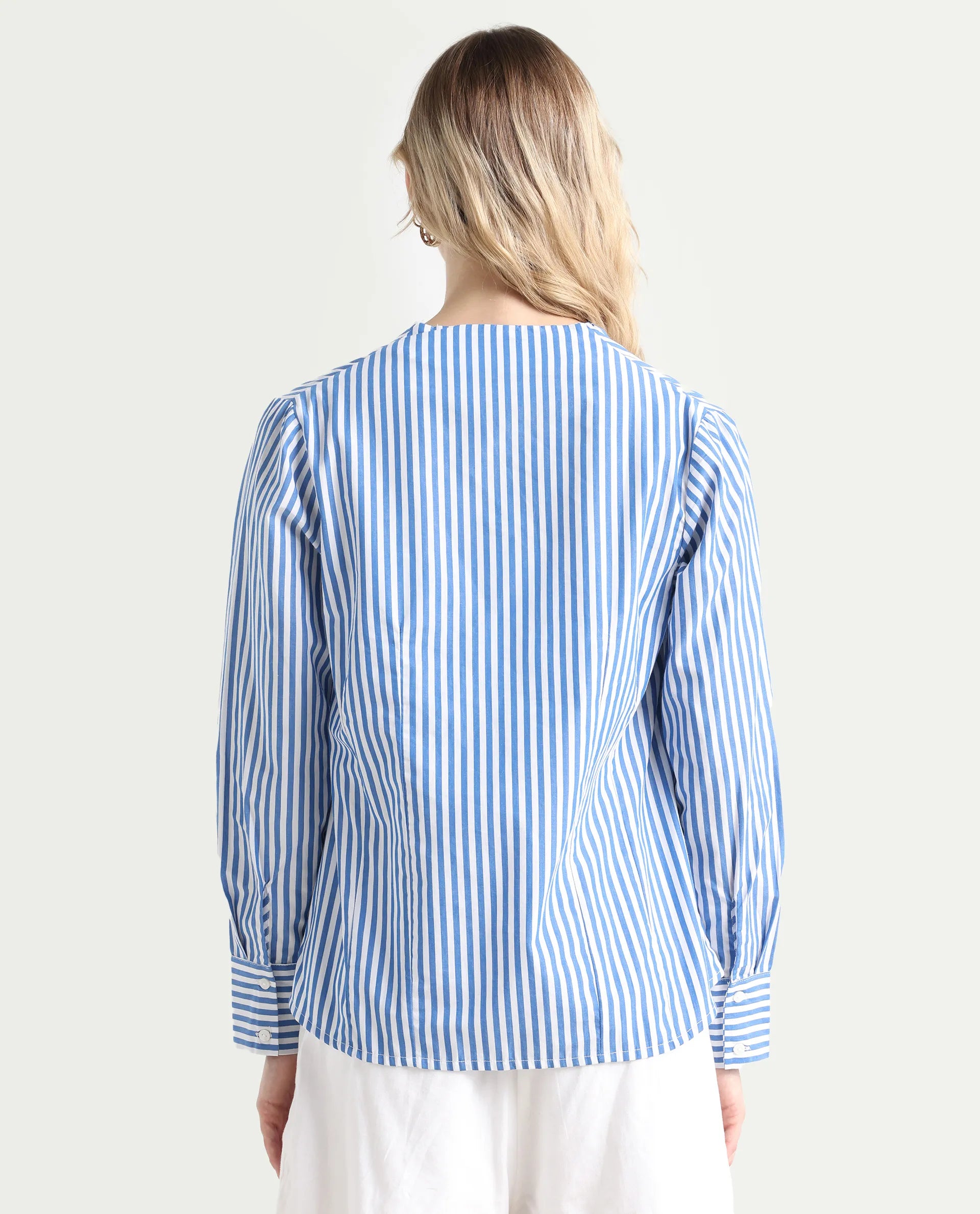 Rareism Women's Bhacan Blue Cotton V-Neck Striped Cuffed Sleeve Relaxed Fit Shirt
