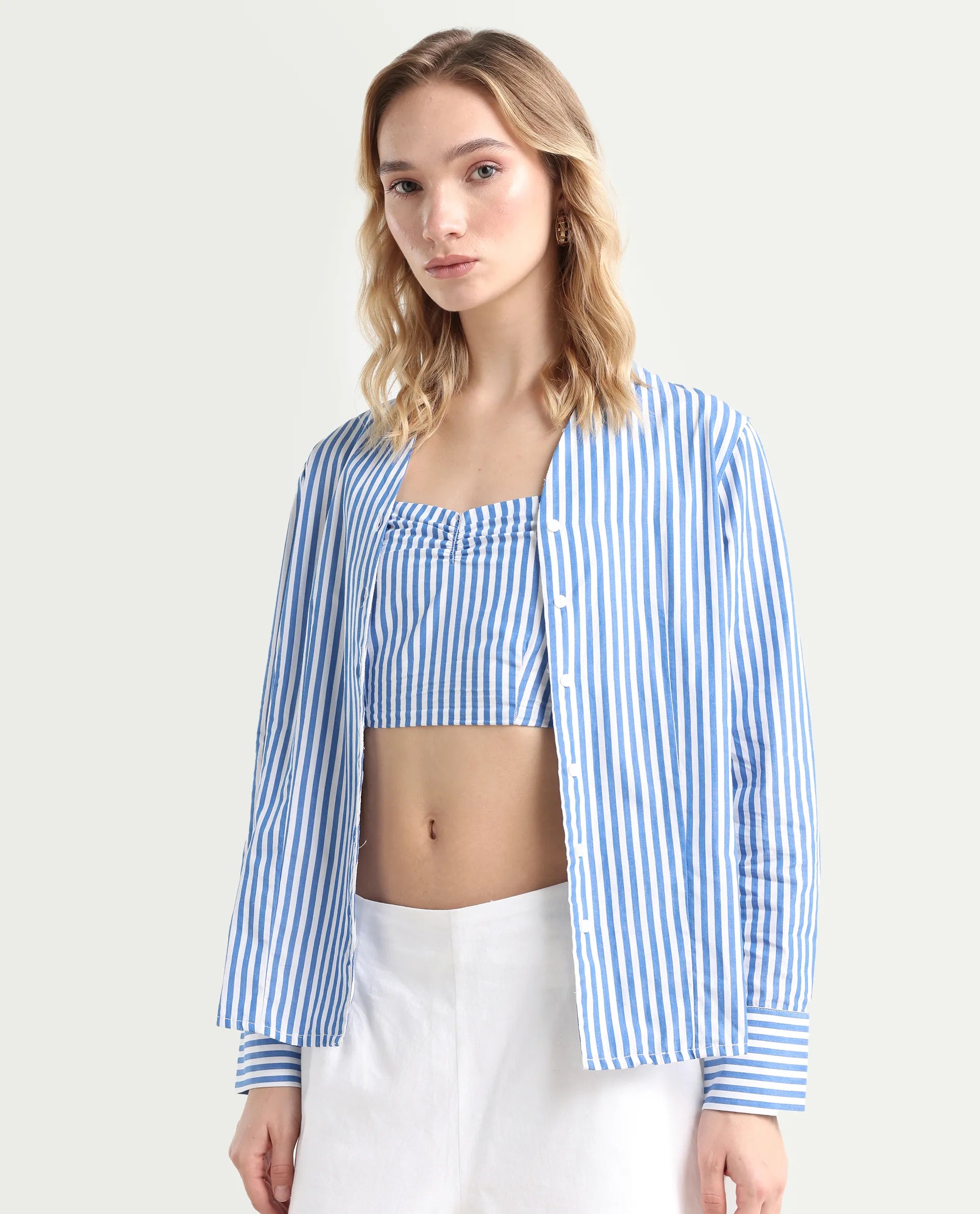 Rareism Women's Bhacan Blue Cotton V-Neck Striped Cuffed Sleeve Relaxed Fit Shirt