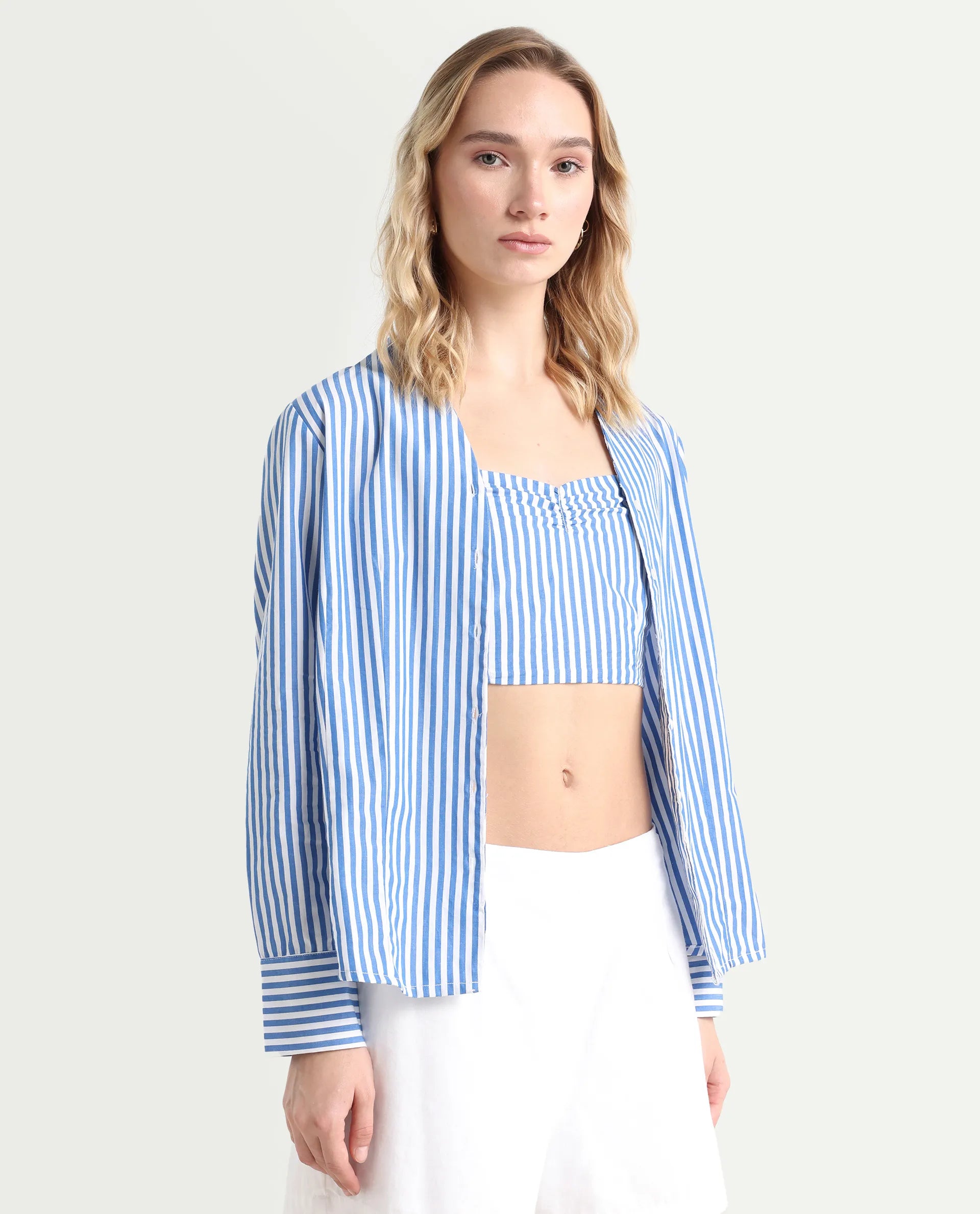 Rareism Women's Bhacan Blue Cotton V-Neck Striped Cuffed Sleeve Relaxed Fit Shirt