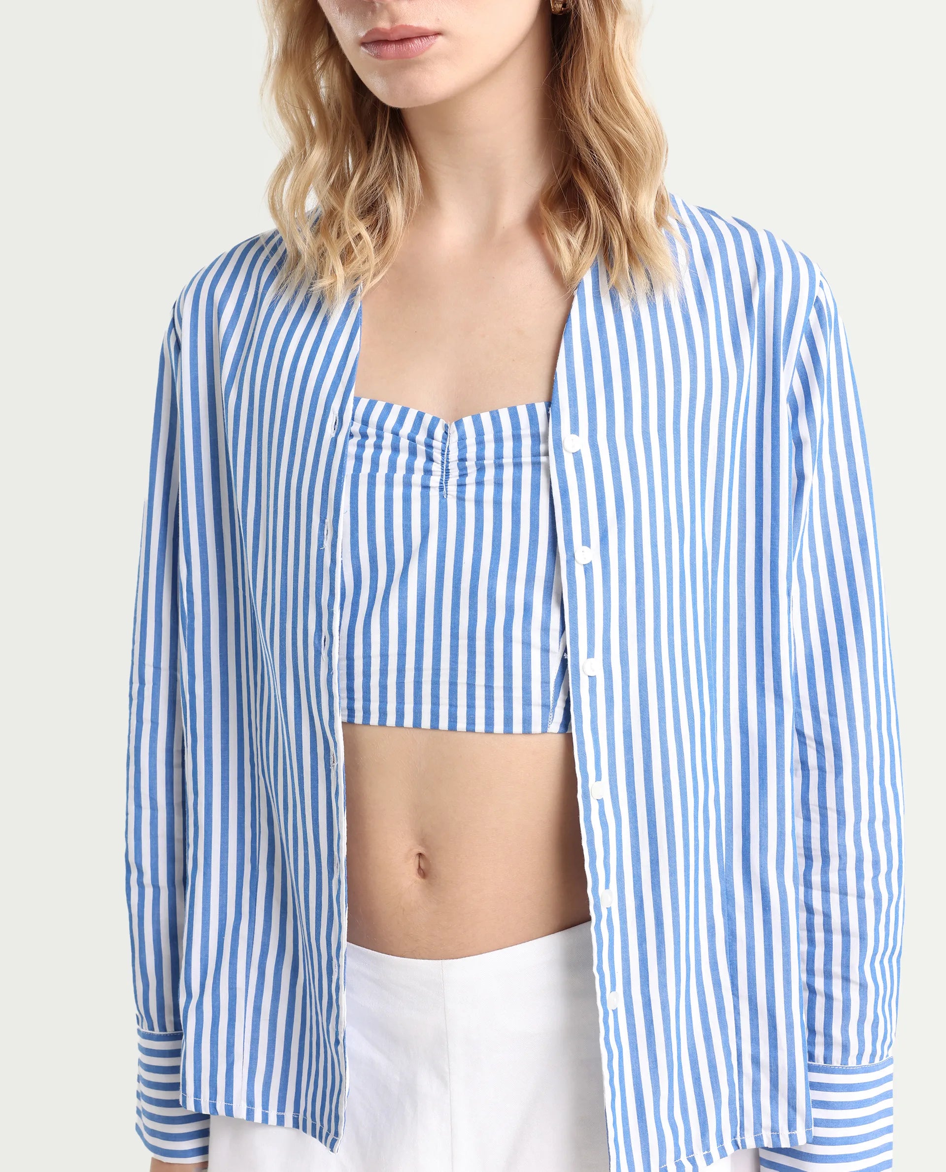 Rareism Women's Bhacan Blue Cotton V-Neck Striped Cuffed Sleeve Relaxed Fit Shirt