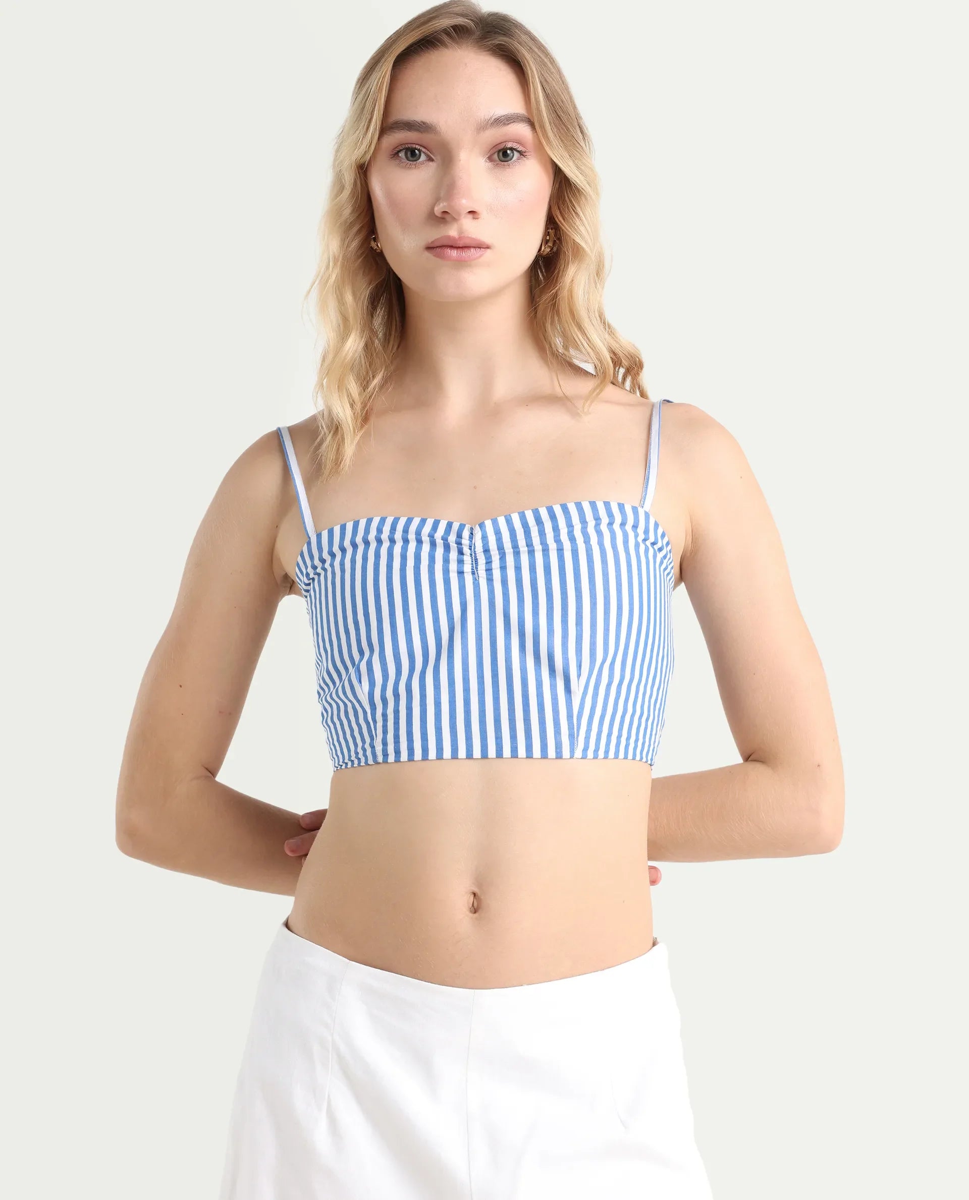 Rareism Women's Bhacan Blue Cotton V-Neck Striped Cuffed Sleeve Relaxed Fit Shirt