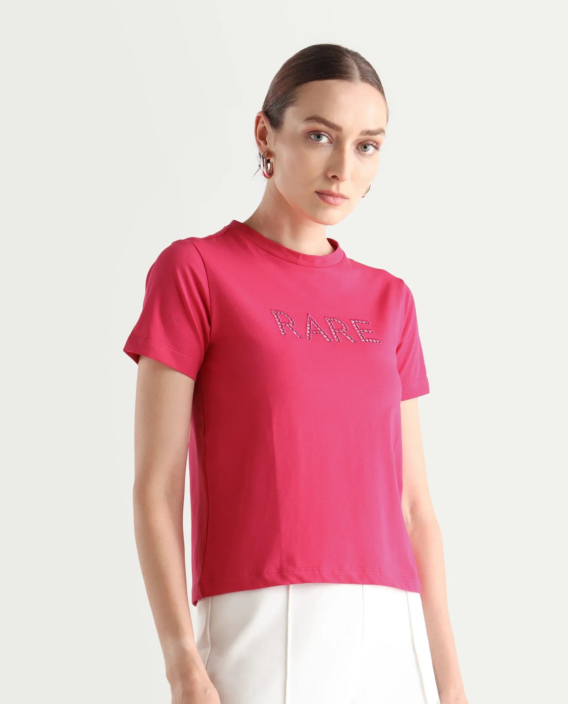 Rareism Women's Bhafi Pink Viscose Blend Crew Neck Typography Print Regular Fit T-Shirt