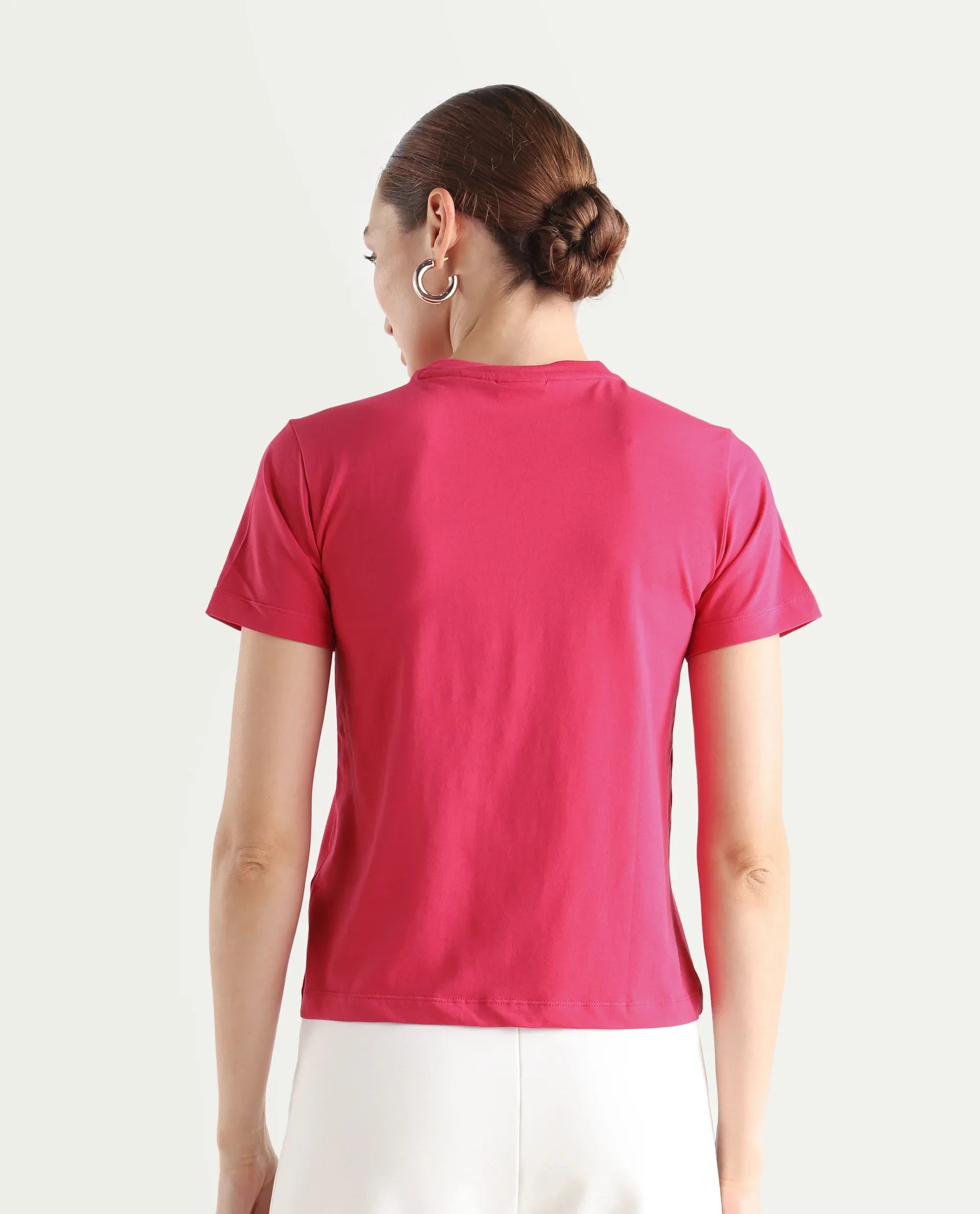 Rareism Women's Bhafi Pink Viscose Blend Crew Neck Typography Print Regular Fit T-Shirt