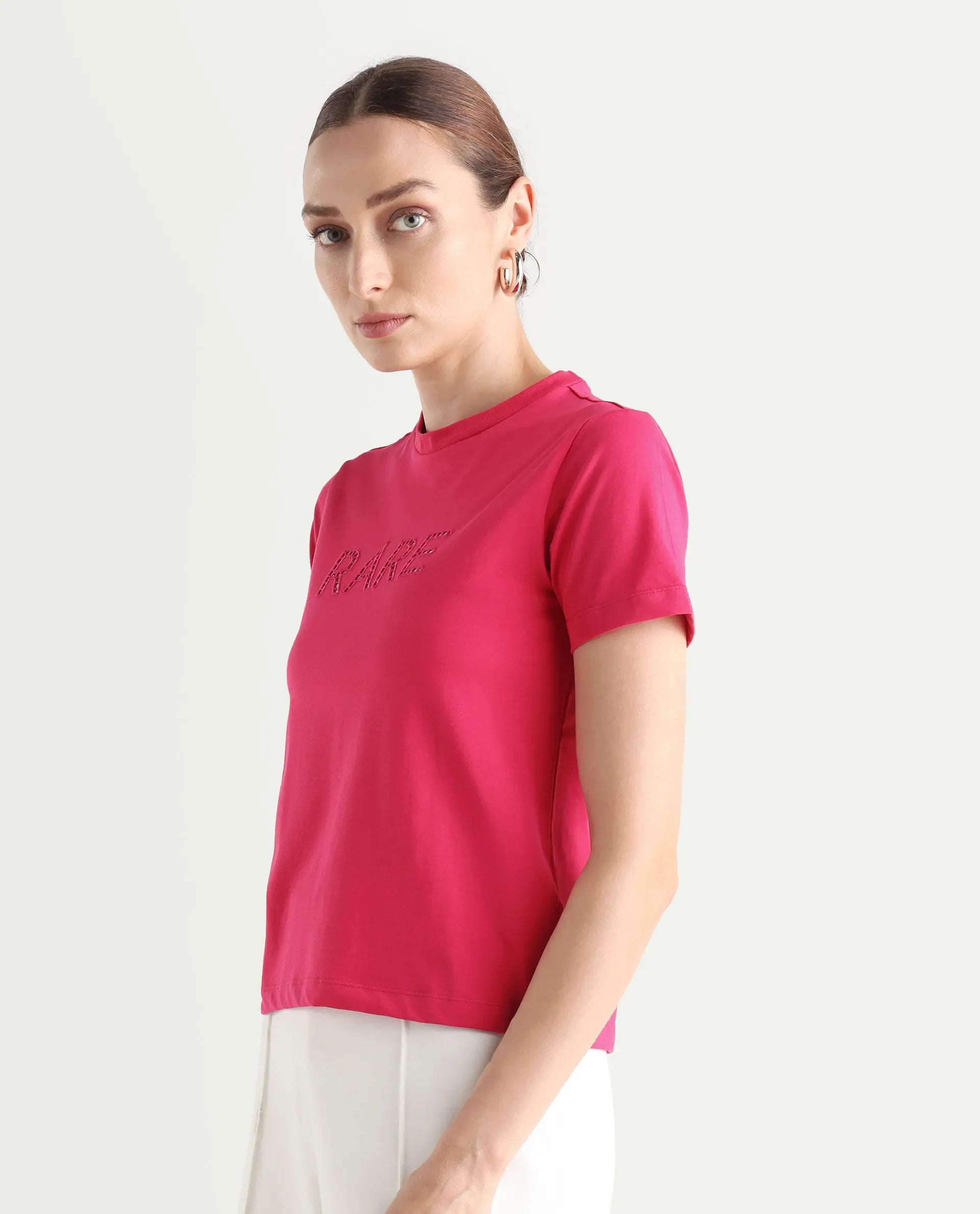 Rareism Women's Bhafi Pink Viscose Blend Crew Neck Typography Print Regular Fit T-Shirt