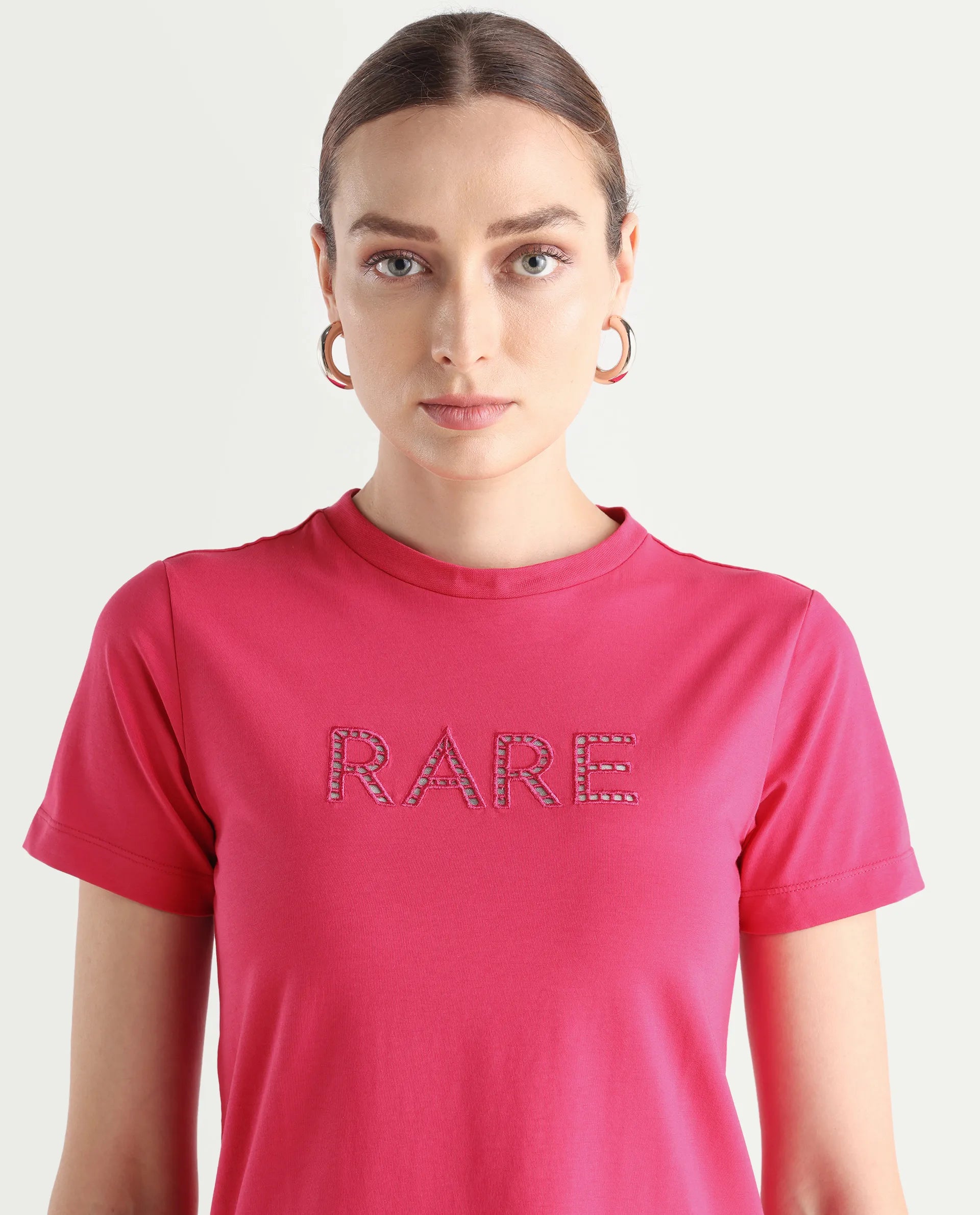 Rareism Women's Bhafi Pink Viscose Blend Crew Neck Typography Print Regular Fit T-Shirt