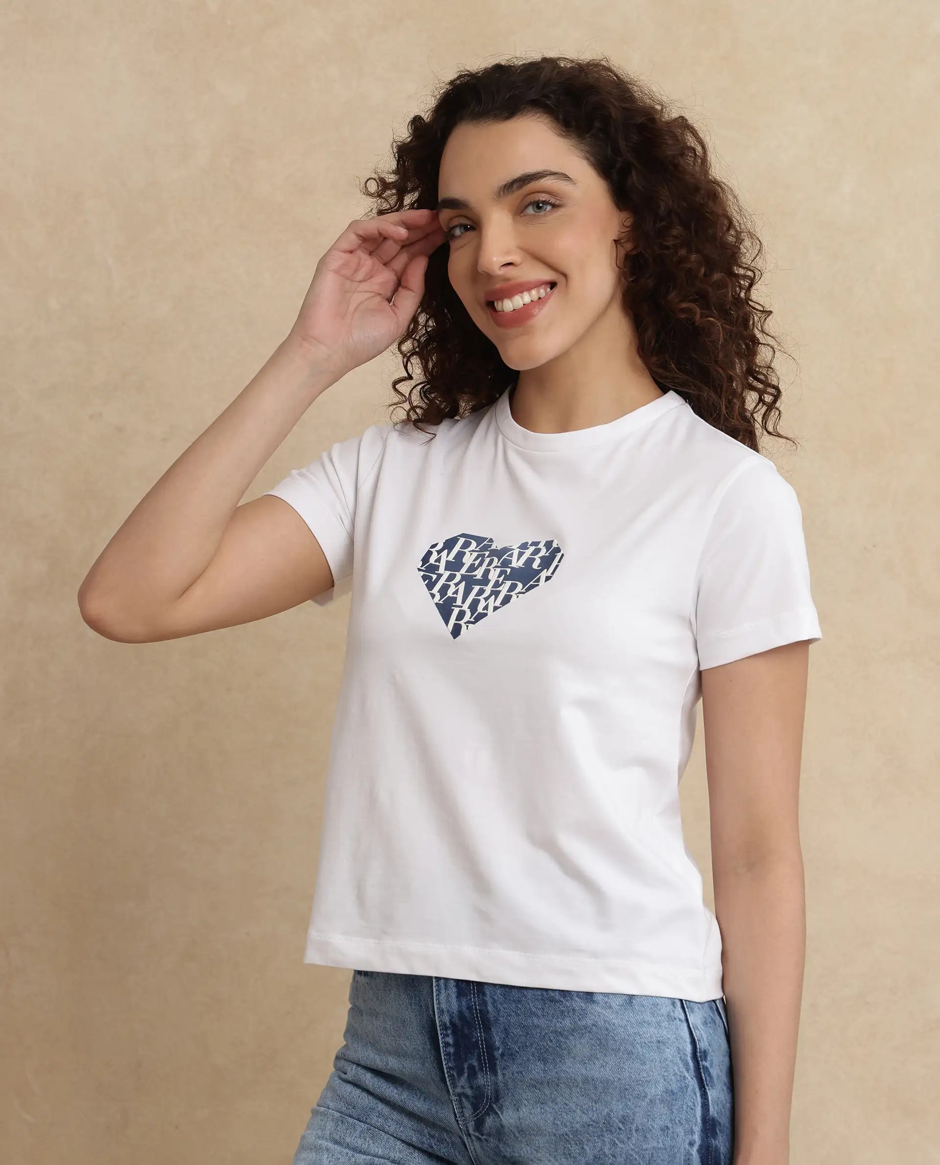 Rareism Women Bhager Off White Cotton Lycra Fabric Short Sleeve Crew Neck Graphic Print T-Shirt