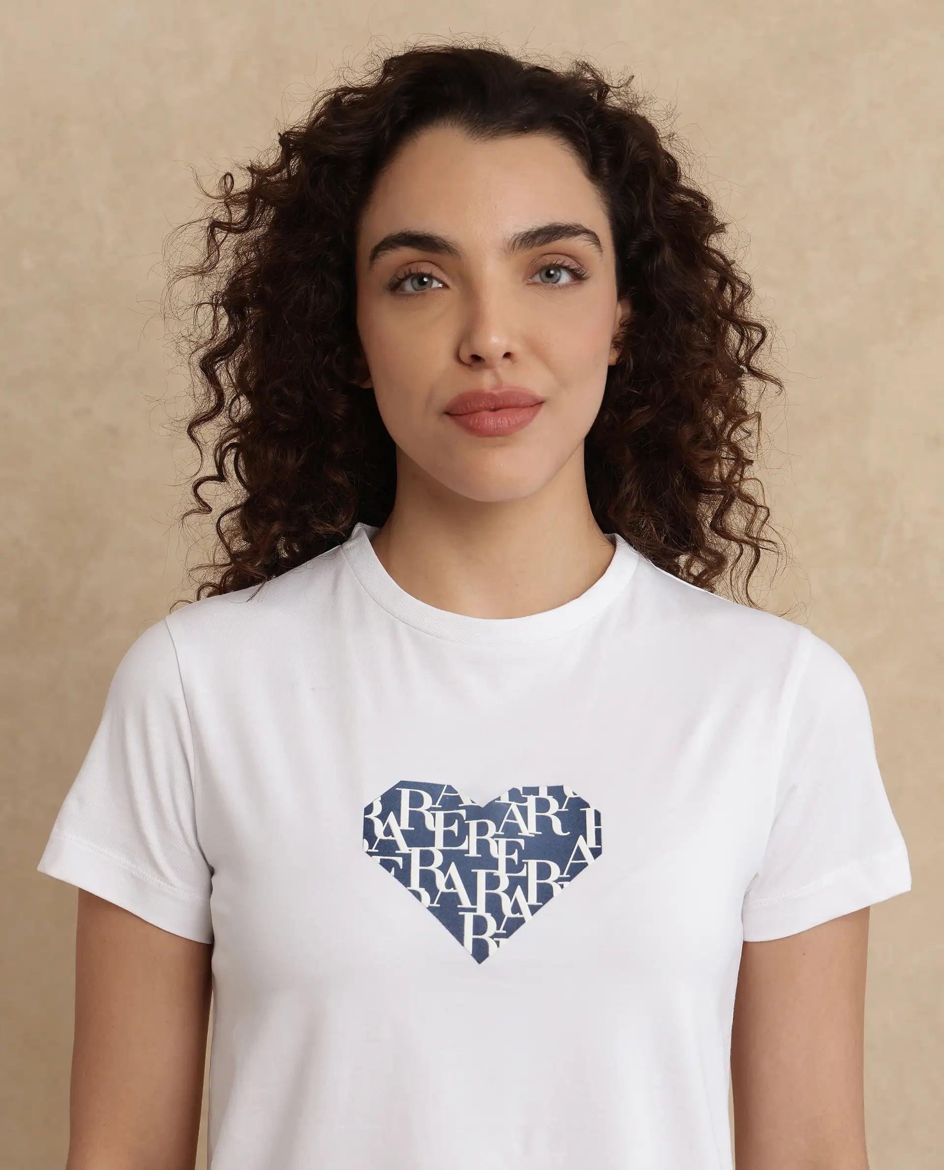 Rareism Women Bhager Off White Cotton Lycra Fabric Short Sleeve Crew Neck Graphic Print T-Shirt