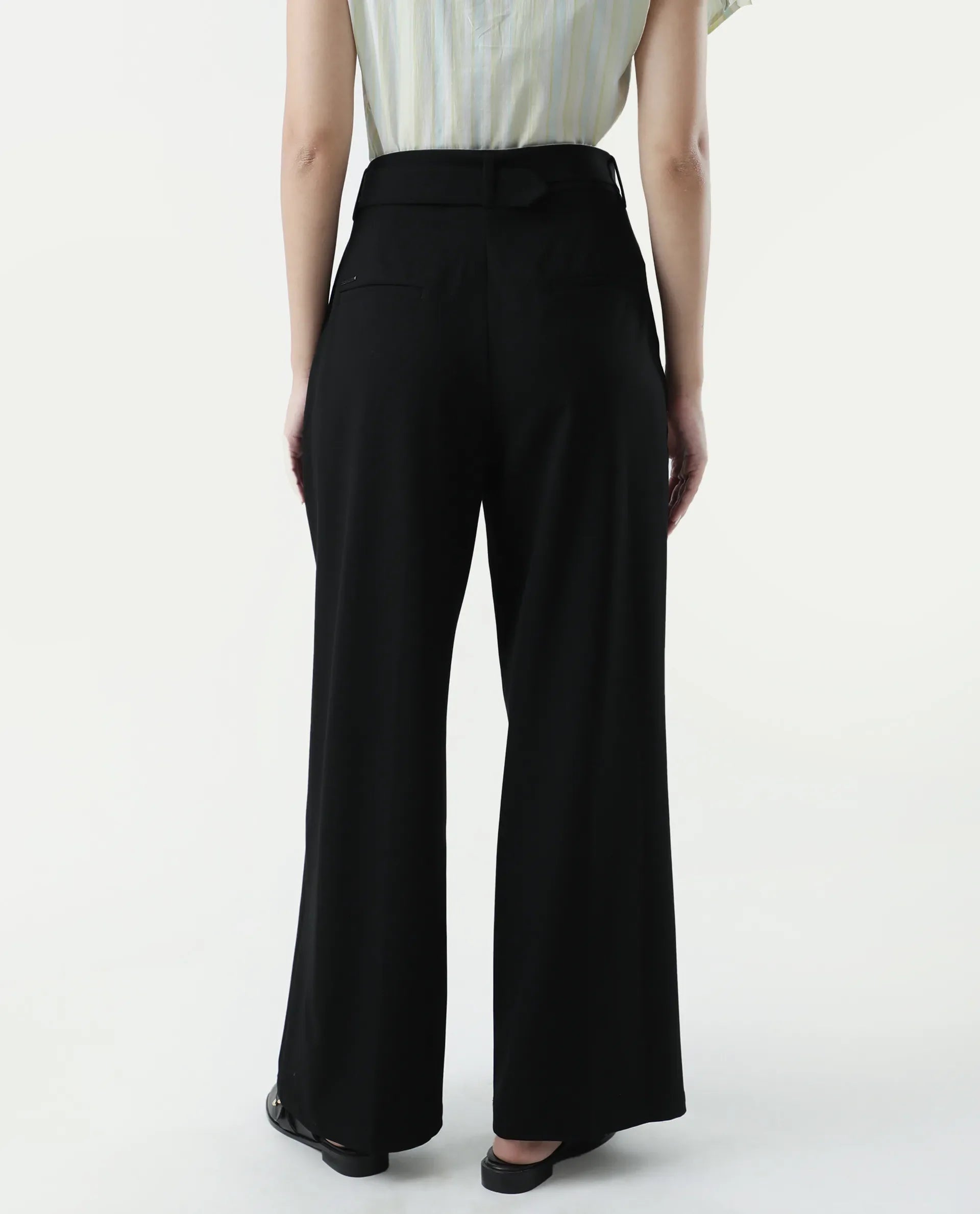 Rareism Women's Bhakil Black Polyester Blend Plain Ankle Length Straight Fit Trouser