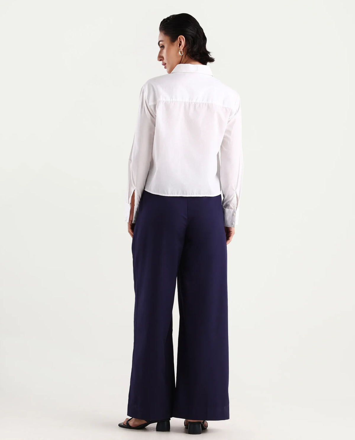 Rareism Women's Bhalmish Navy Cotton Plain Ankle Length Wide Trouser