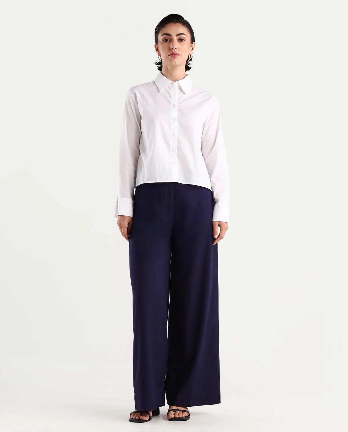 Rareism Women's Bhalmish Navy Cotton Plain Ankle Length Wide Trouser
