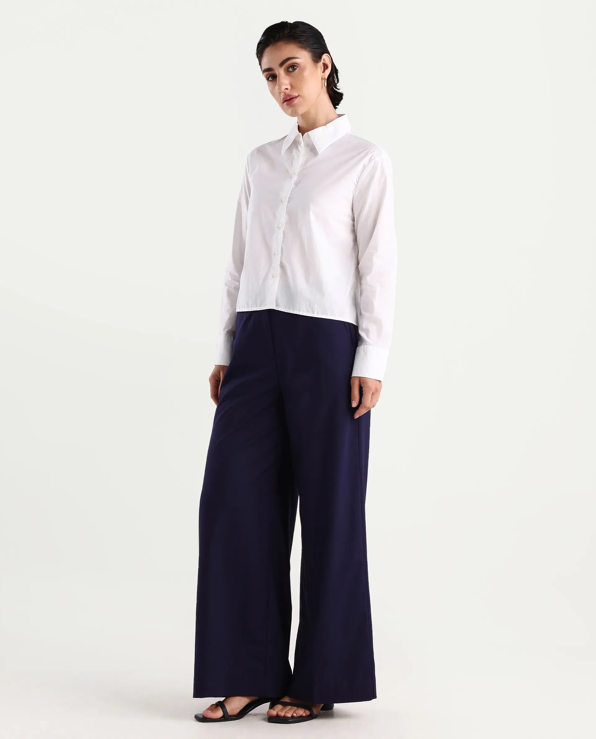 Rareism Women's Bhalmish Navy Cotton Plain Ankle Length Wide Trouser