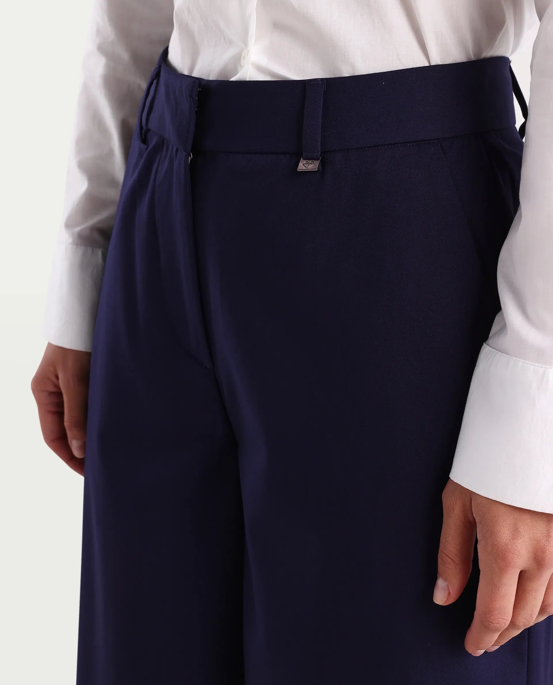 Rareism Women's Bhalmish Navy Cotton Plain Ankle Length Wide Trouser