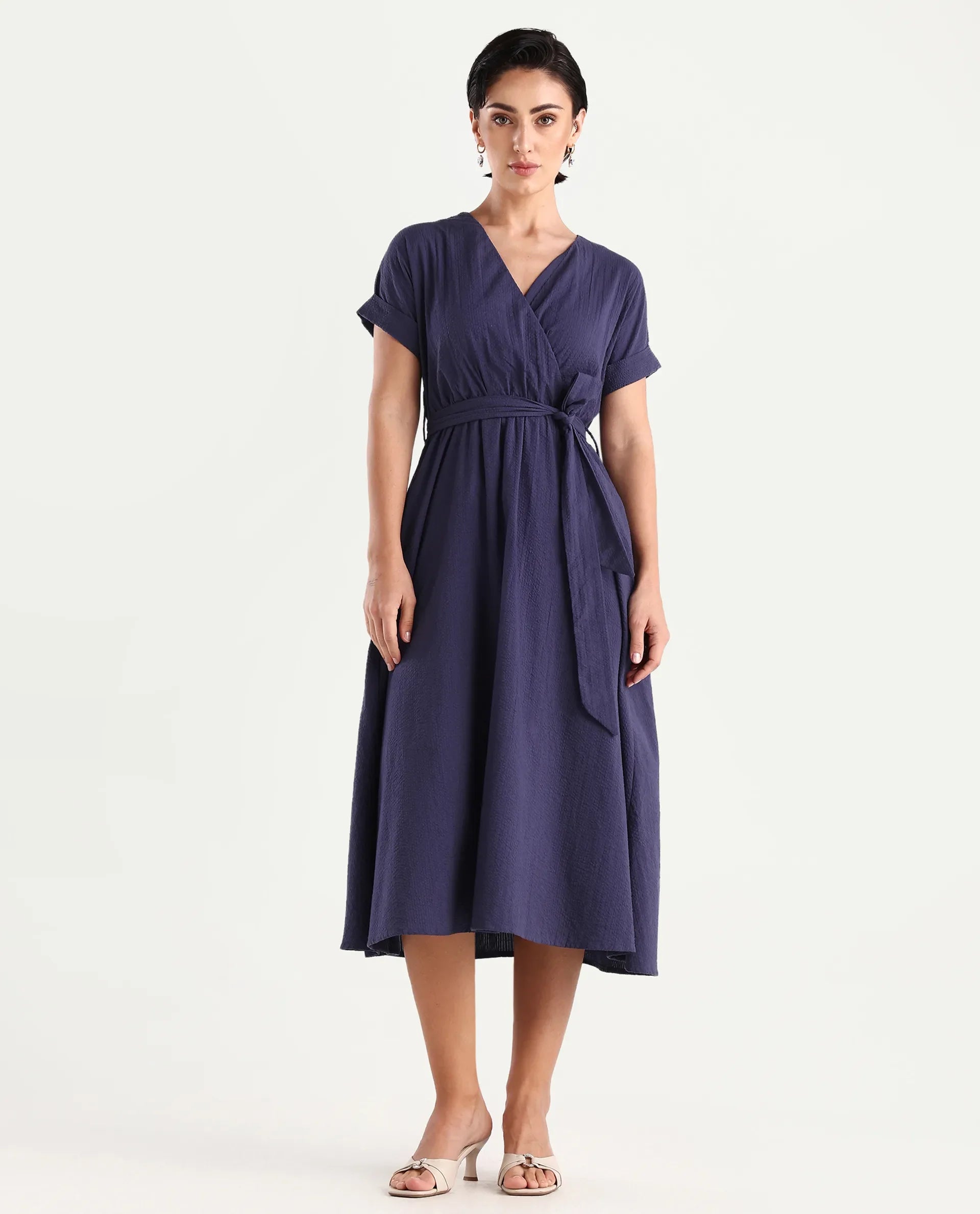 Rareism Women's Bhamin Navy Viscose Overlap Neck Plain Extended Sleeves Midi Fit And Flare Dress