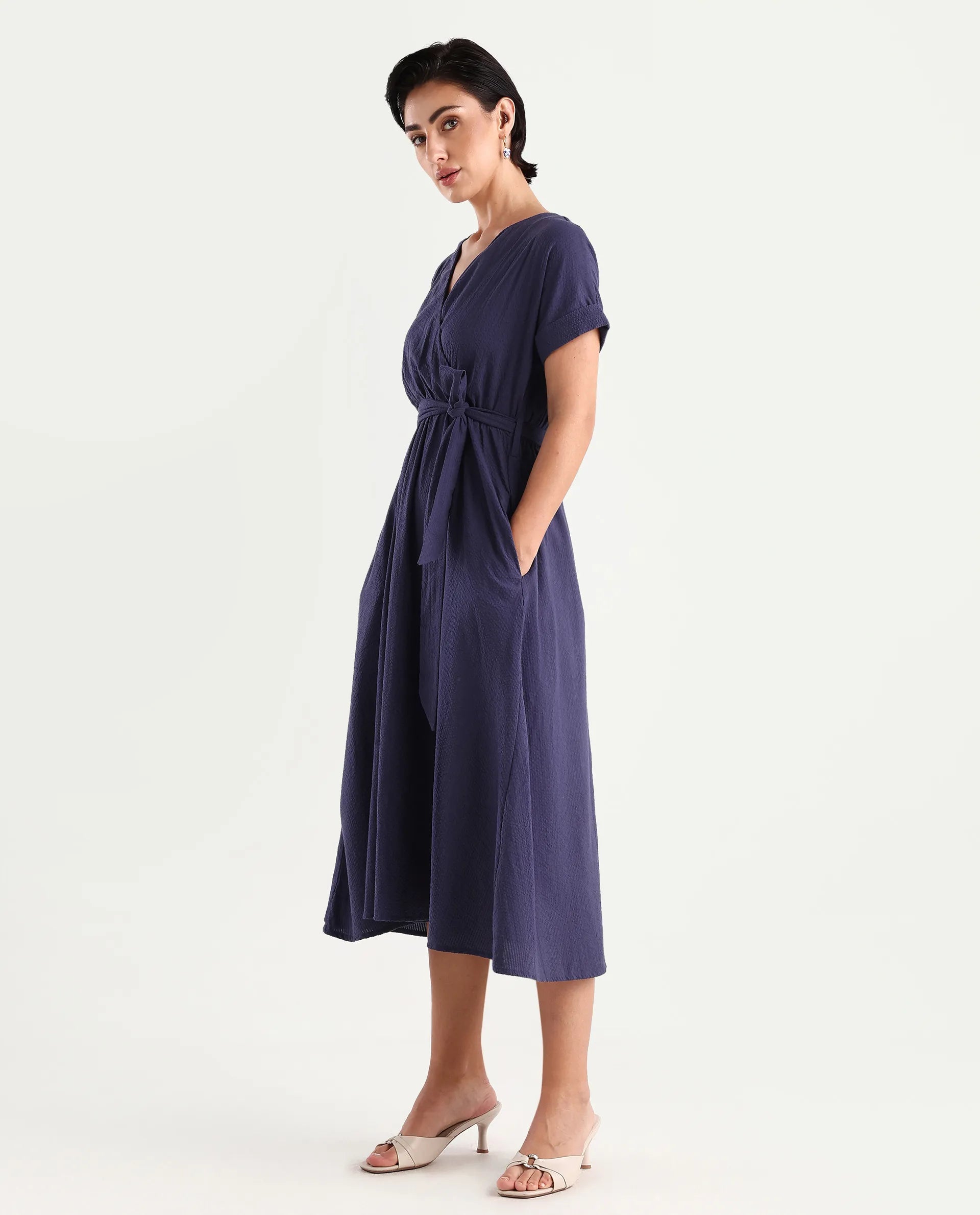 Rareism Women's Bhamin Navy Viscose Overlap Neck Plain Extended Sleeves Midi Fit And Flare Dress