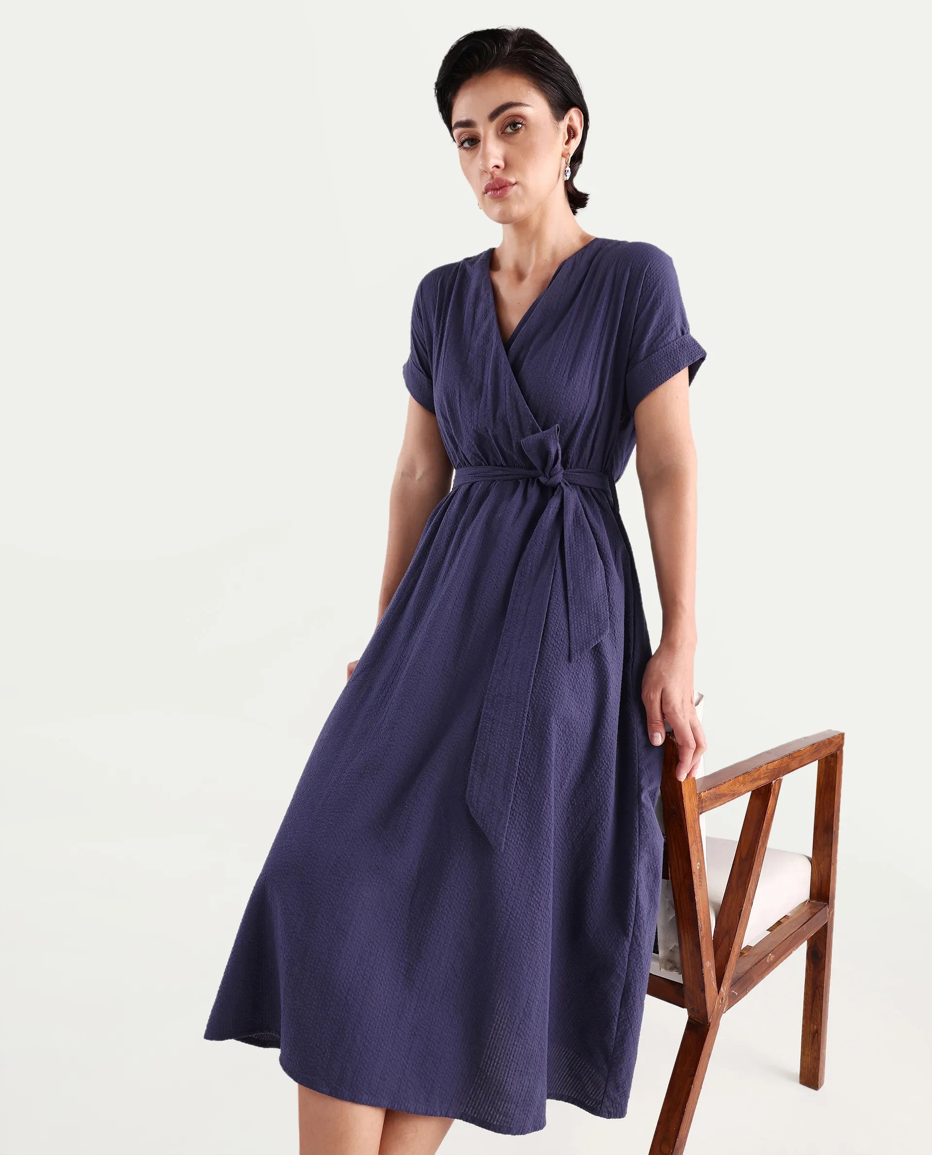 Rareism Women's Bhamin Navy Cotton Overlap Neck Plain Extended Sleeves Midi Fit And Flare Dress