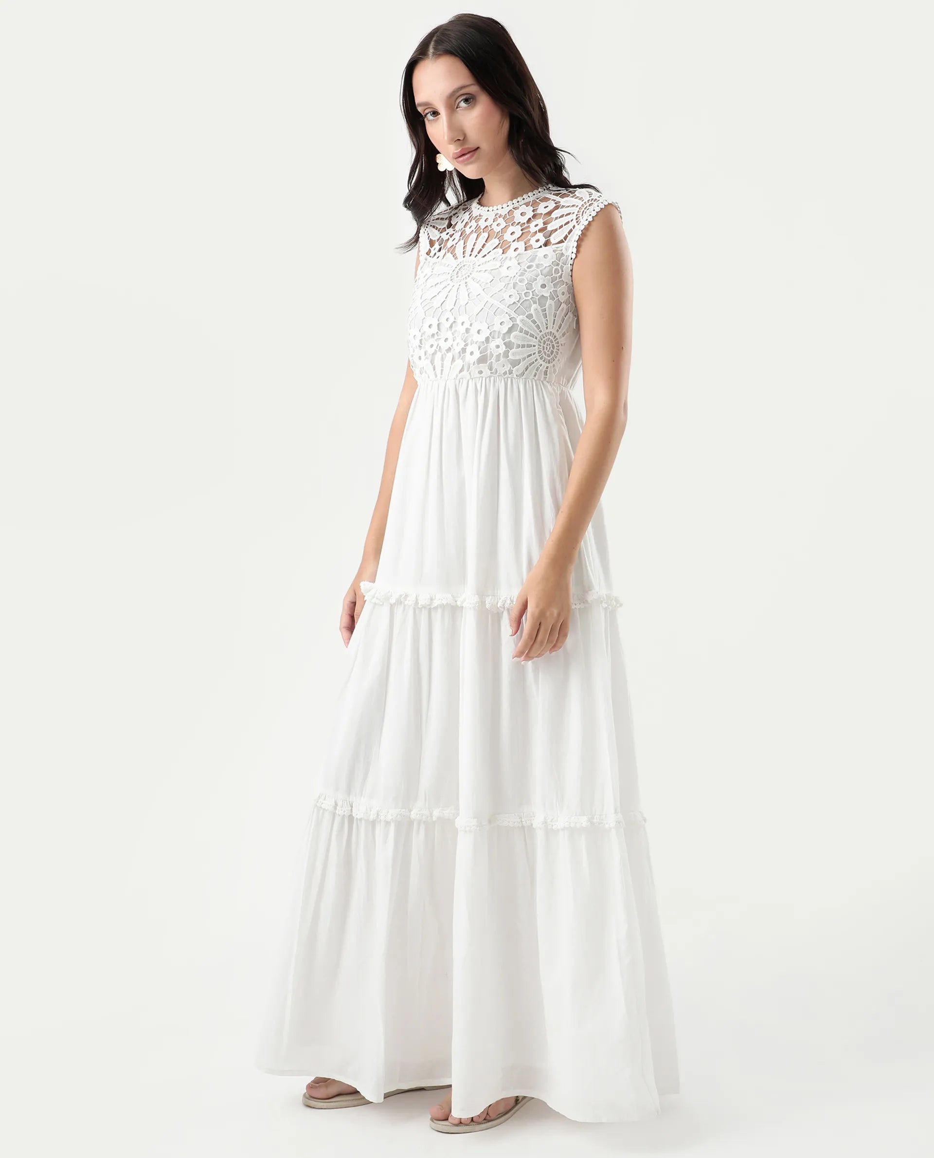 Rareism Women's Bhamona White Cotton Round Neck Plain Sleeveless Maxi Fit And Flare Dress